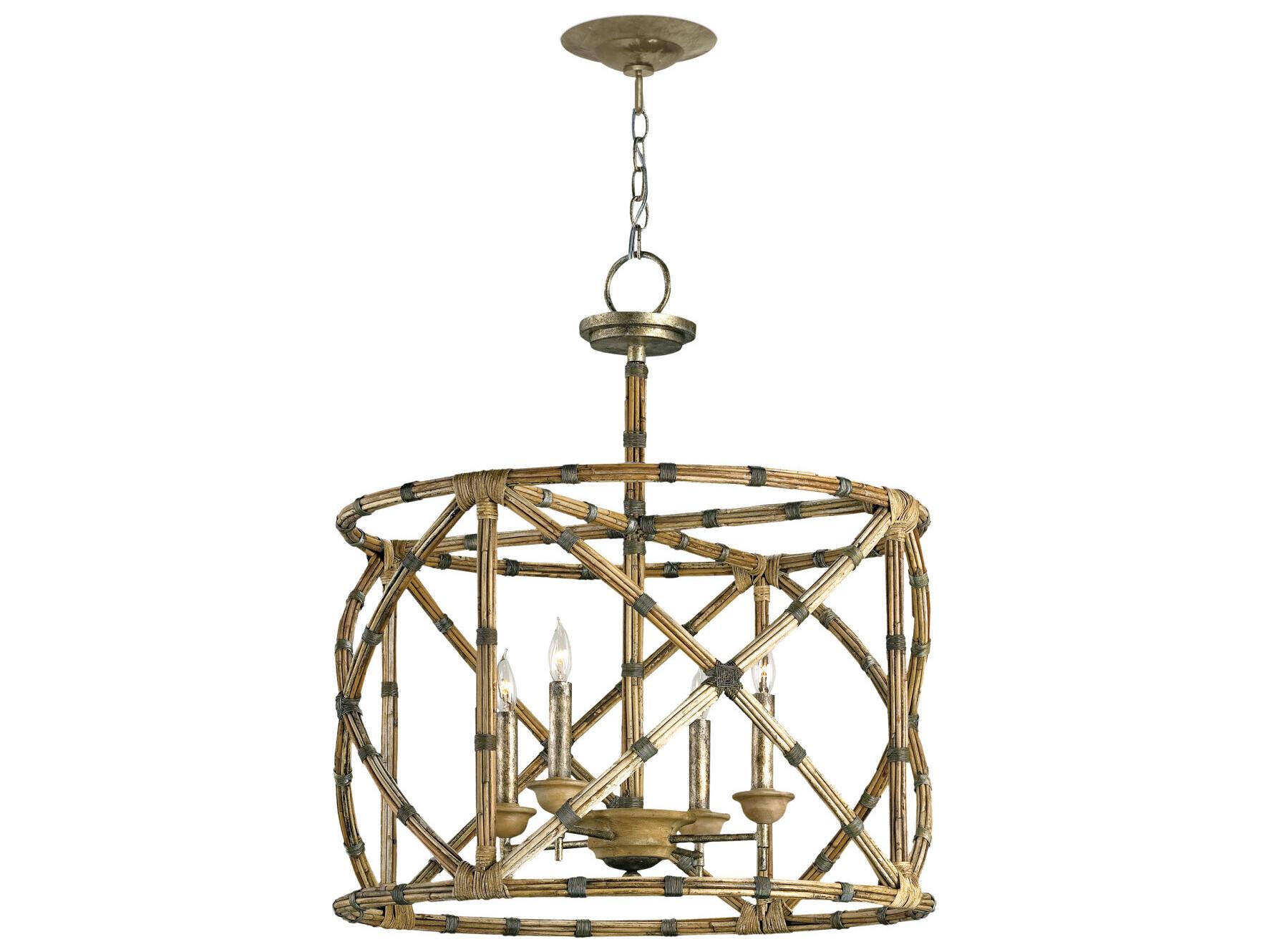 Currey & Company Palm Beach 4-Light Pyrite Bronze washed Wood natural Candelabra Lantern Chandelier