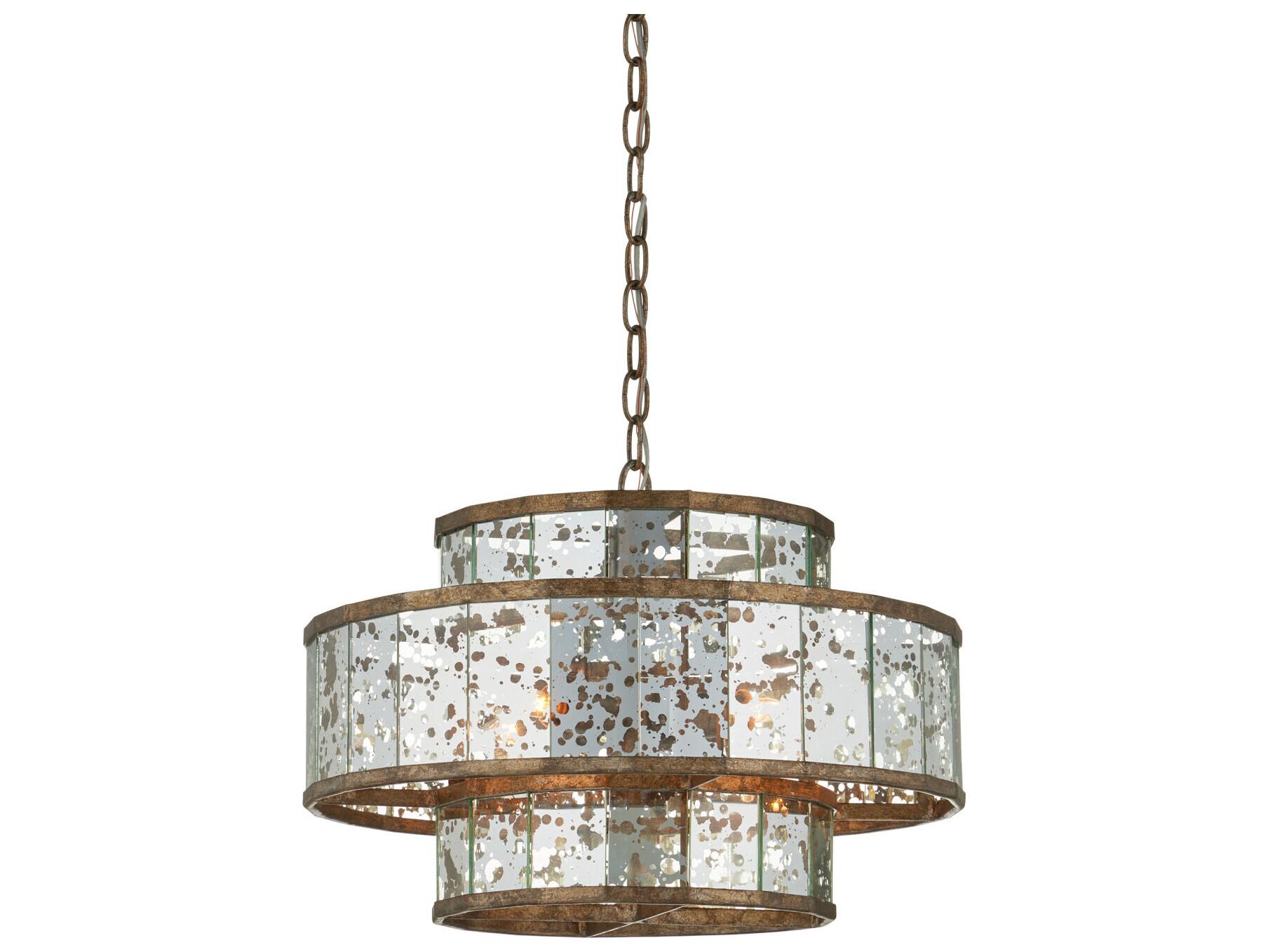 Currey & Company Fantine 4-Light Pyrite Bronze Raj Mirror Glass Candelabra Drum Chandelier