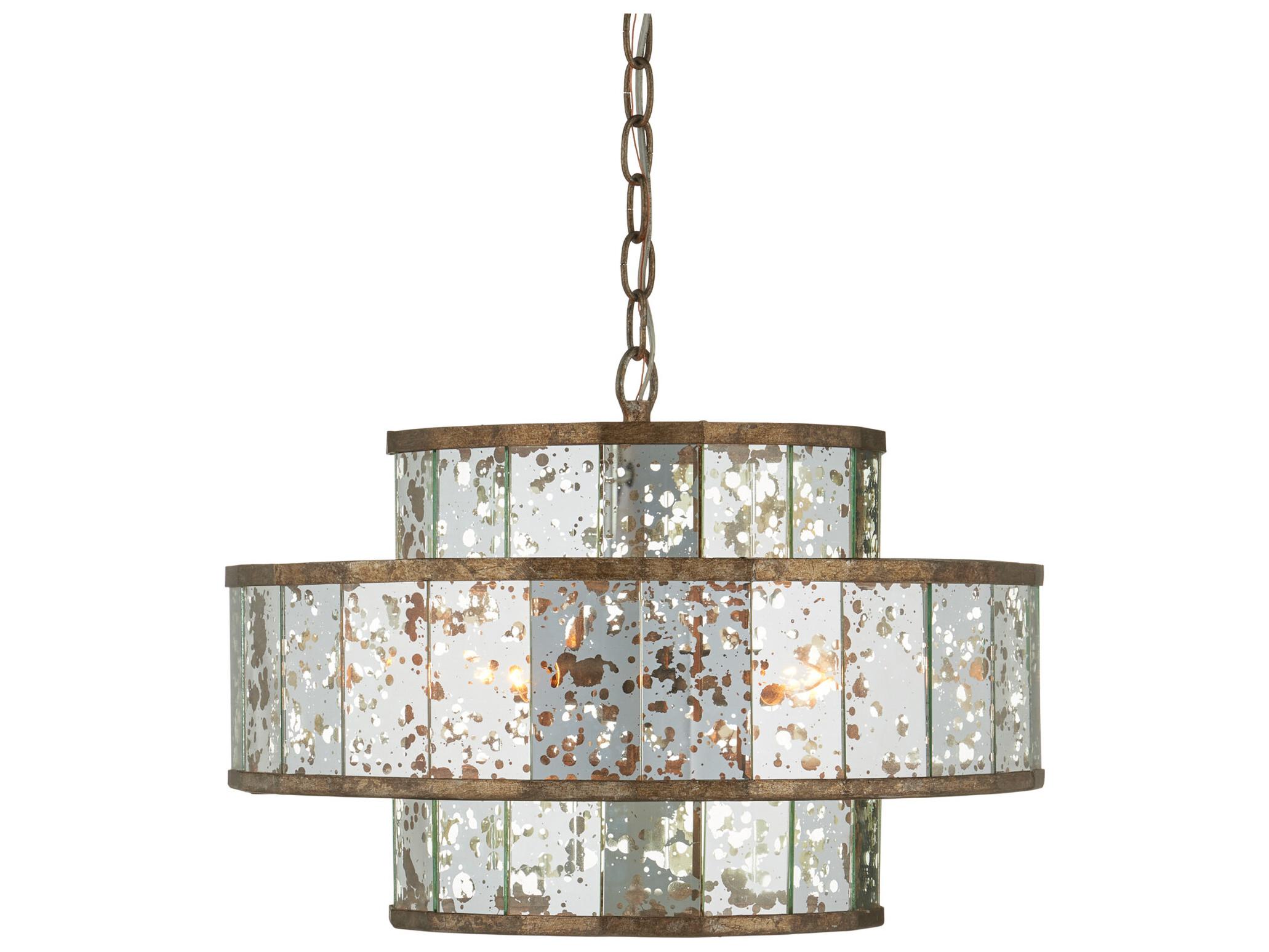 Currey & Company Fantine 4-Light Pyrite Bronze Raj Mirror Glass Candelabra Drum Chandelier