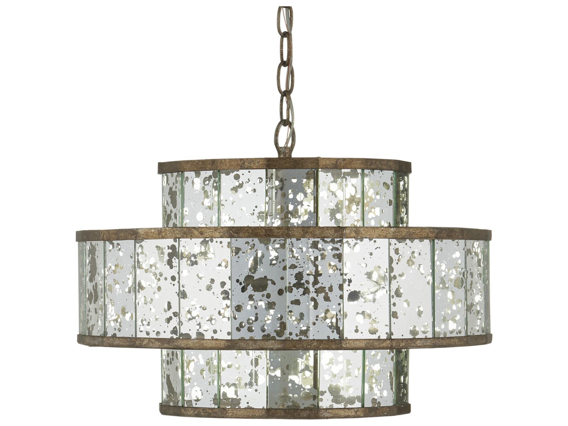 Currey & Company Fantine 4-Light Pyrite Bronze Raj Mirror Glass Candelabra Drum Chandelier