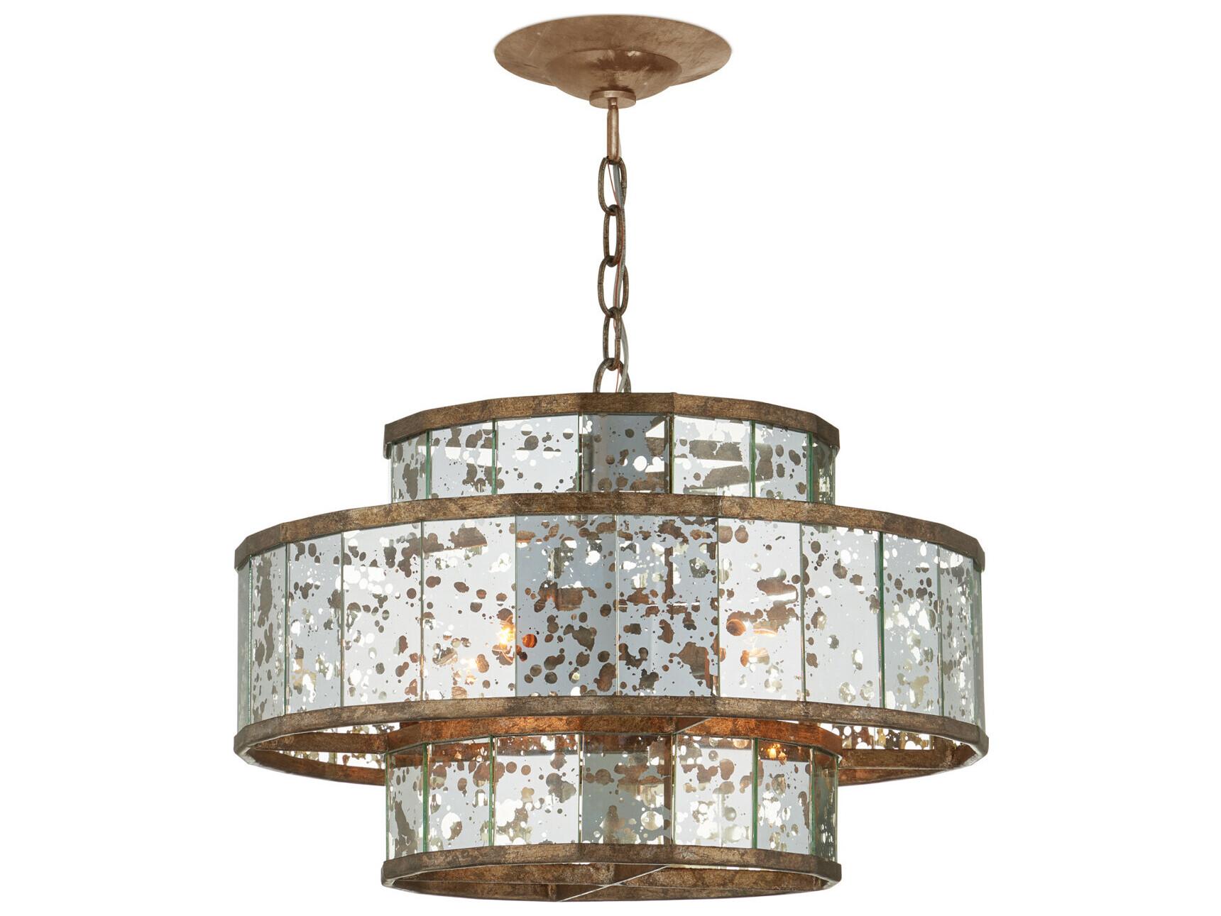 Currey & Company Fantine 4-Light Pyrite Bronze Raj Mirror Glass Candelabra Drum Chandelier