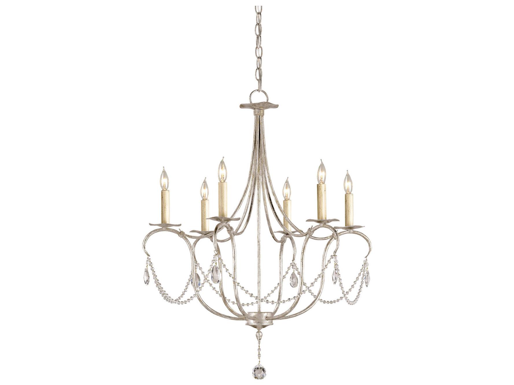 Currey & Company Crystal Lights 6-Light Silver Leaf Candelabra Chandelier