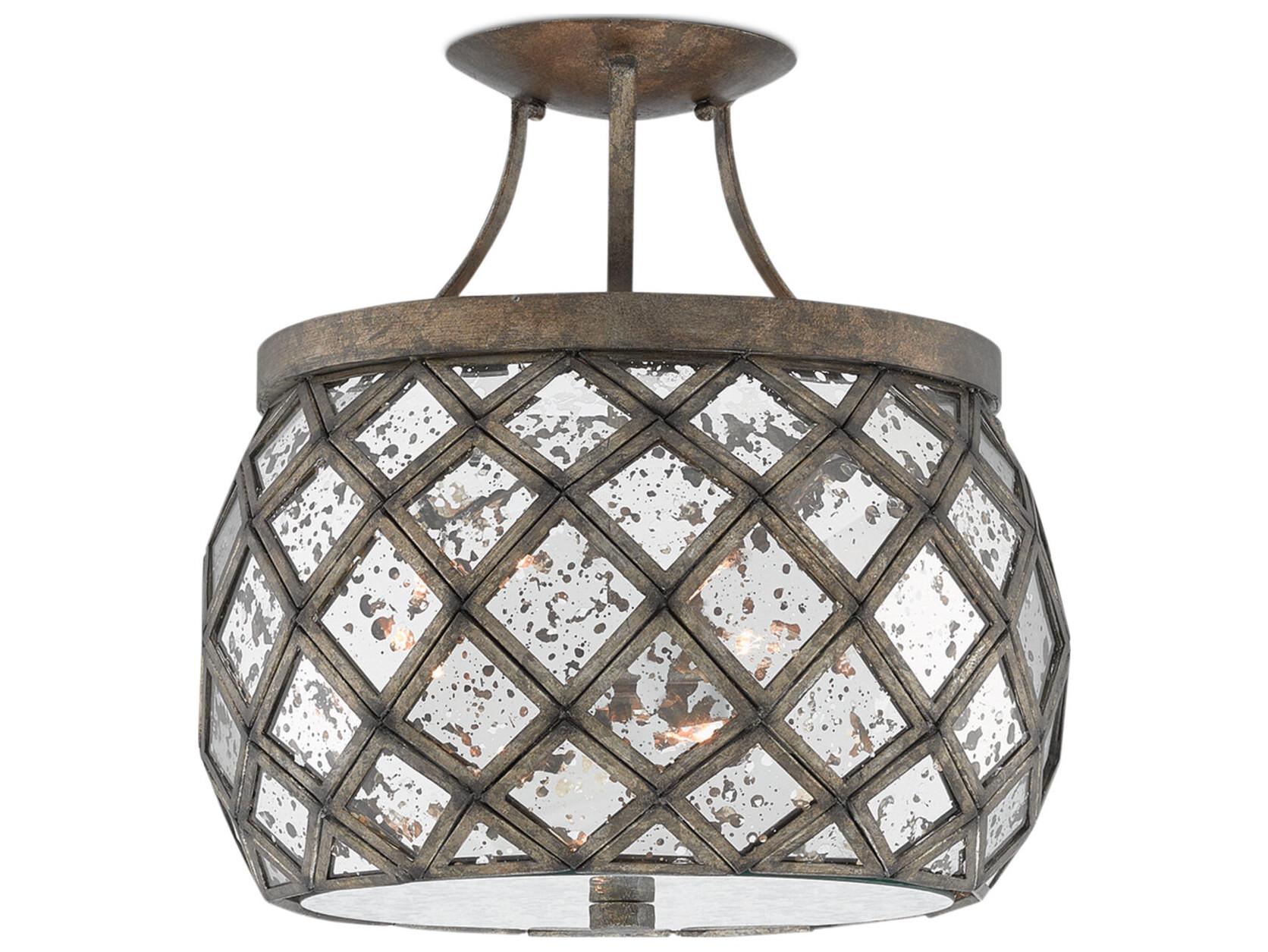 Currey & Company Buckminster Pyrite Bronze Raj Mirror Glass Drum Semi Flush Mount