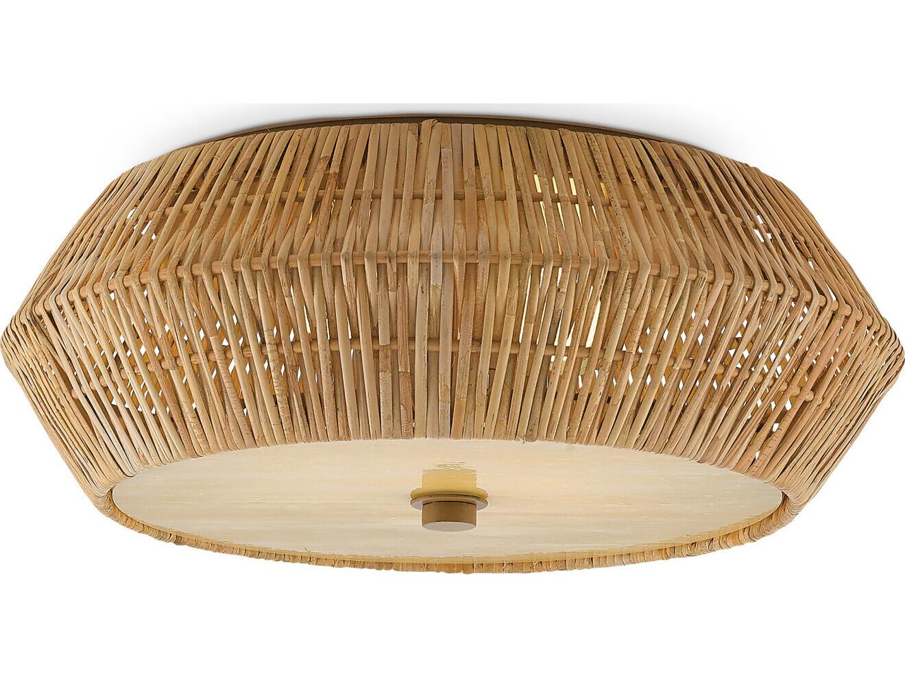 Currey & Company Antibes Natural Honey Beige Wood Glass Geometric Flush Mount