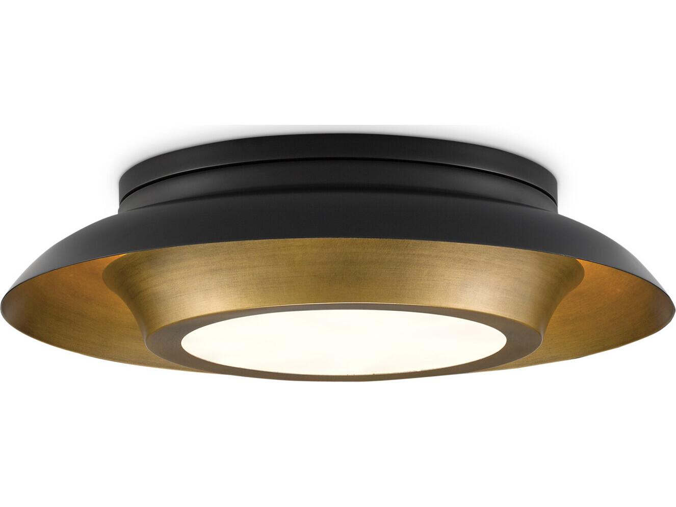 Currey & Company Metaphor 3-Light Painted Antique Brass Black Glass LED Bowl Round Flush Mount
