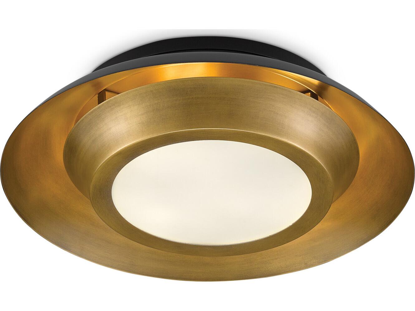 Currey & Company Metaphor 3-Light Painted Antique Brass Black Glass LED Bowl Round Flush Mount