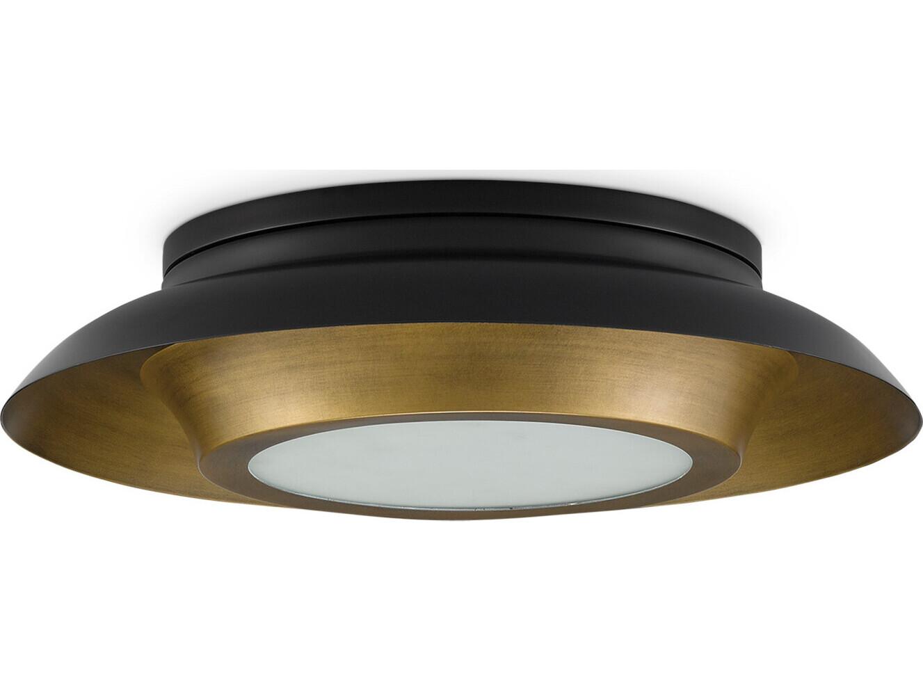 Currey & Company Metaphor 3-Light Painted Antique Brass Black Glass LED Bowl Round Flush Mount