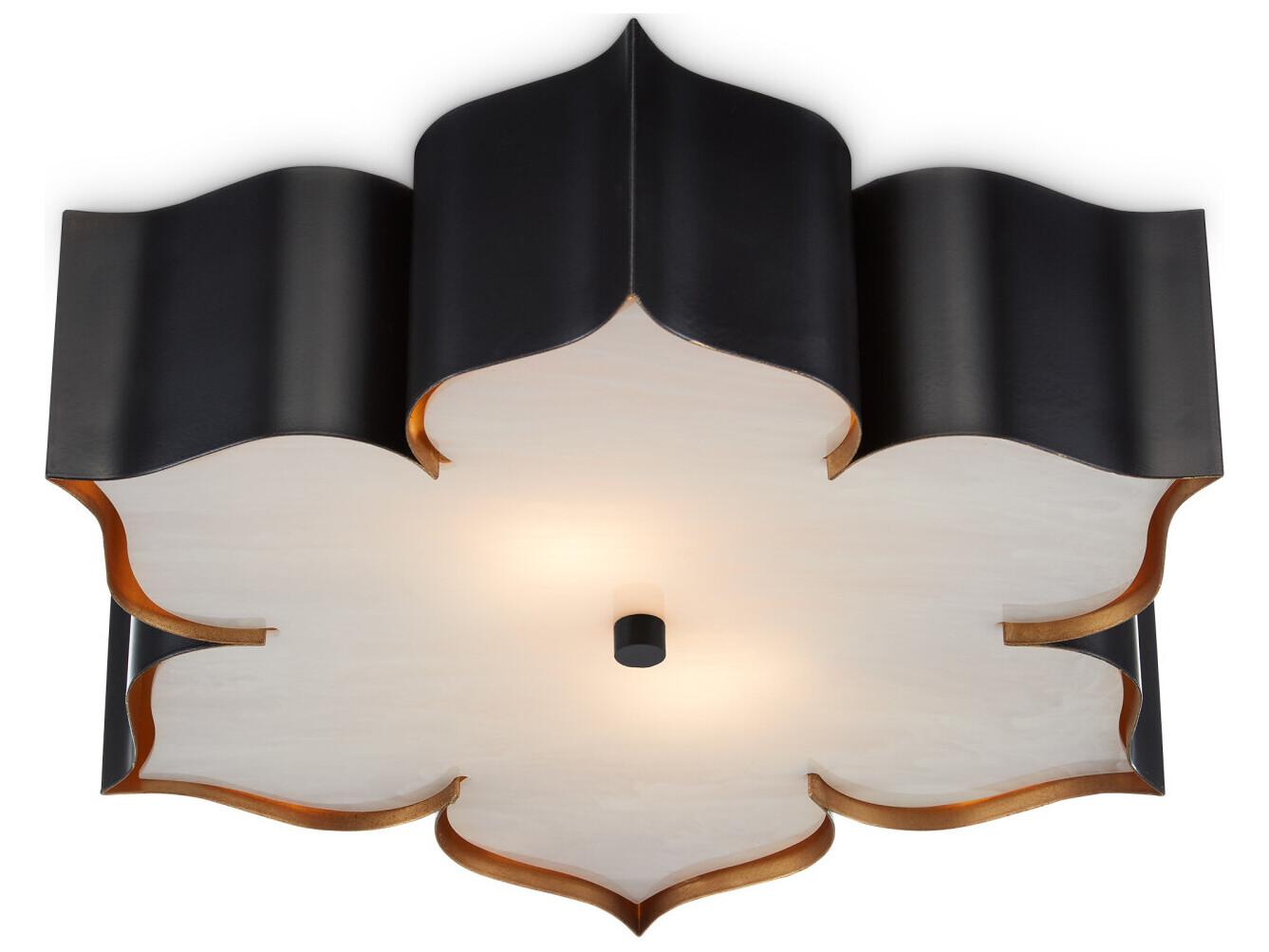 Currey & Company Grand Lotus 2-Light Satin Black Contemporary Gold Leaf Flush Mount