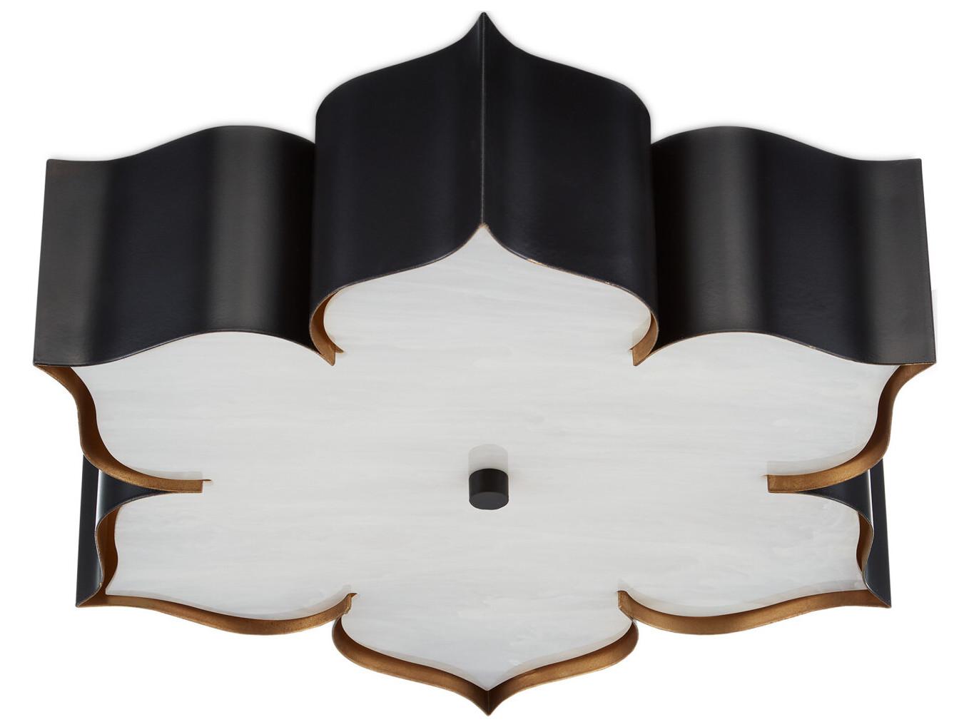 Currey & Company Grand Lotus 2-Light Satin Black Contemporary Gold Leaf Flush Mount
