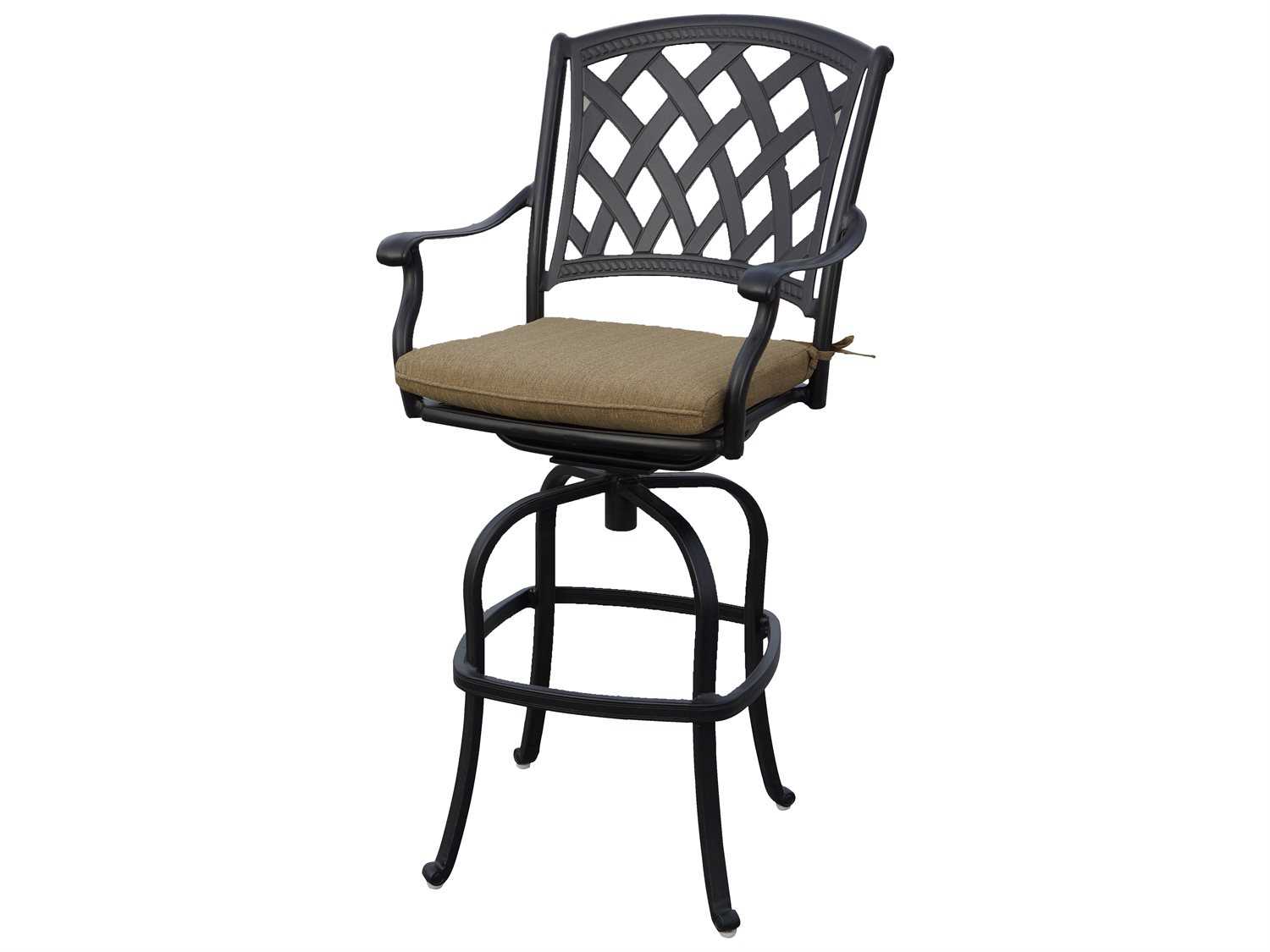 Darlee Ocean View Antique Bronze Cast Aluminum Swivel Patio Bar Stools with Seasame Cushions Set of 2