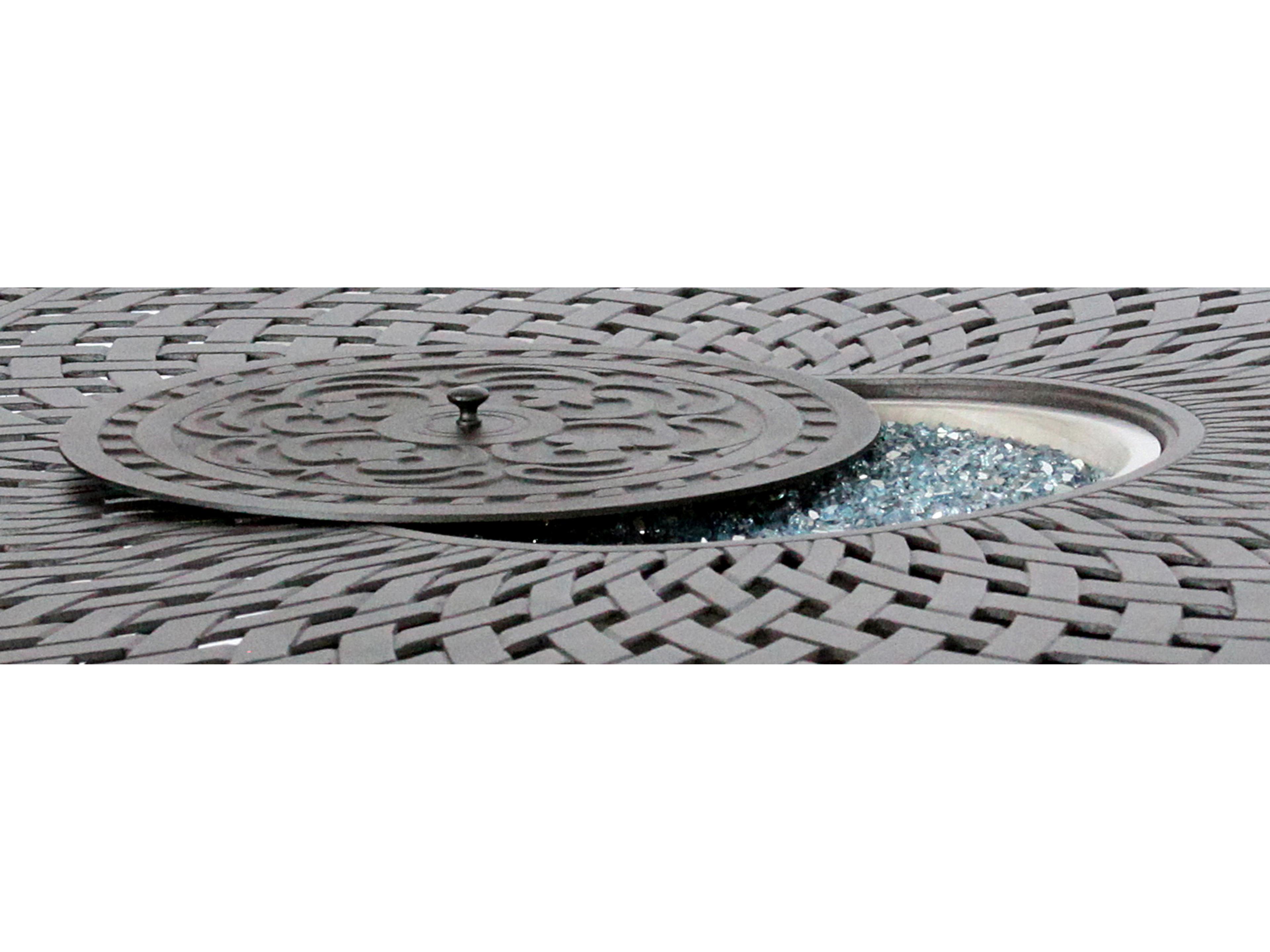 Darlee Outdoor Living Ocean View Cast Aluminum 7-Piece Propane Fire Pit Dining Set with Cushions and 60'' Round Fire Pit Dining Table and Fireglass