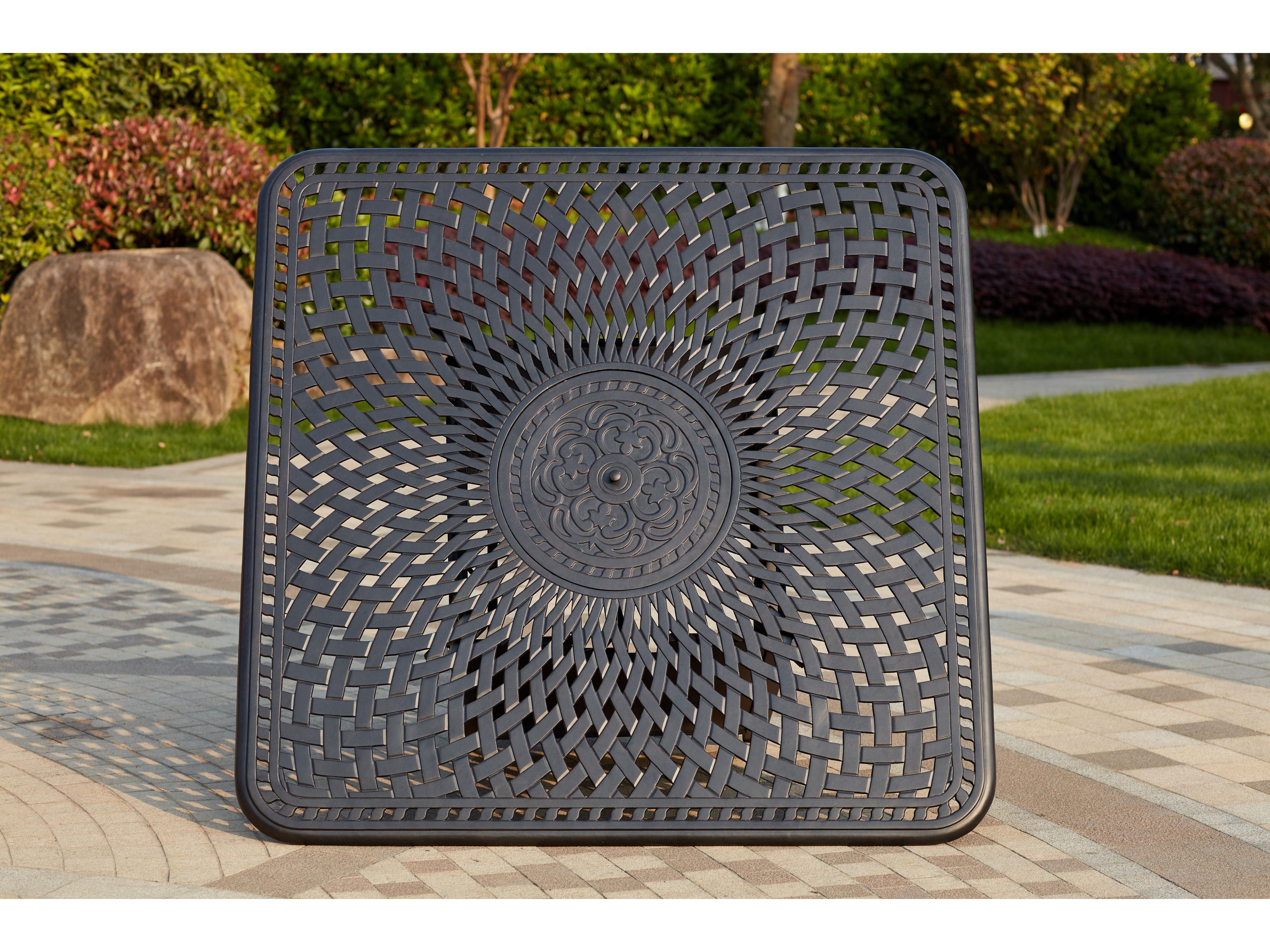 Darlee Outdoor Living Ocean View Cast Aluminum 9-Piece Propane Fire Pit Dining Set with Cushions and 64'' Square Fire Pit Dining Table and Fireglass