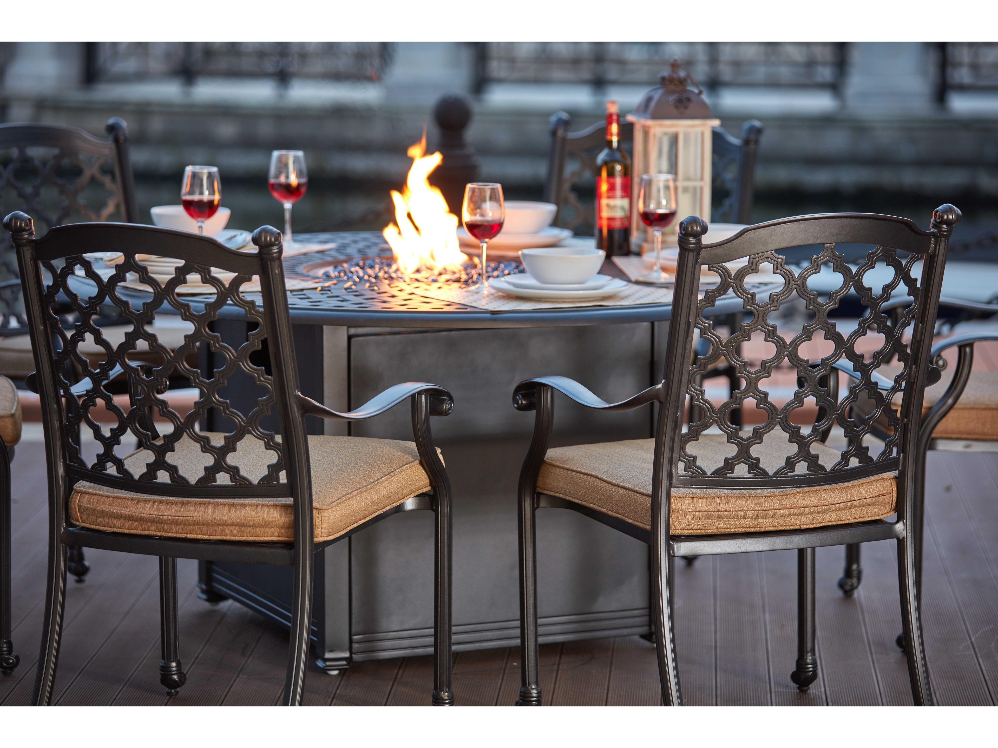 Darlee Outdoor Living Madison Cast Aluminum 7- Piece Propane Fire Pit Dining Set with 60 Inch Round in Antique Bronze