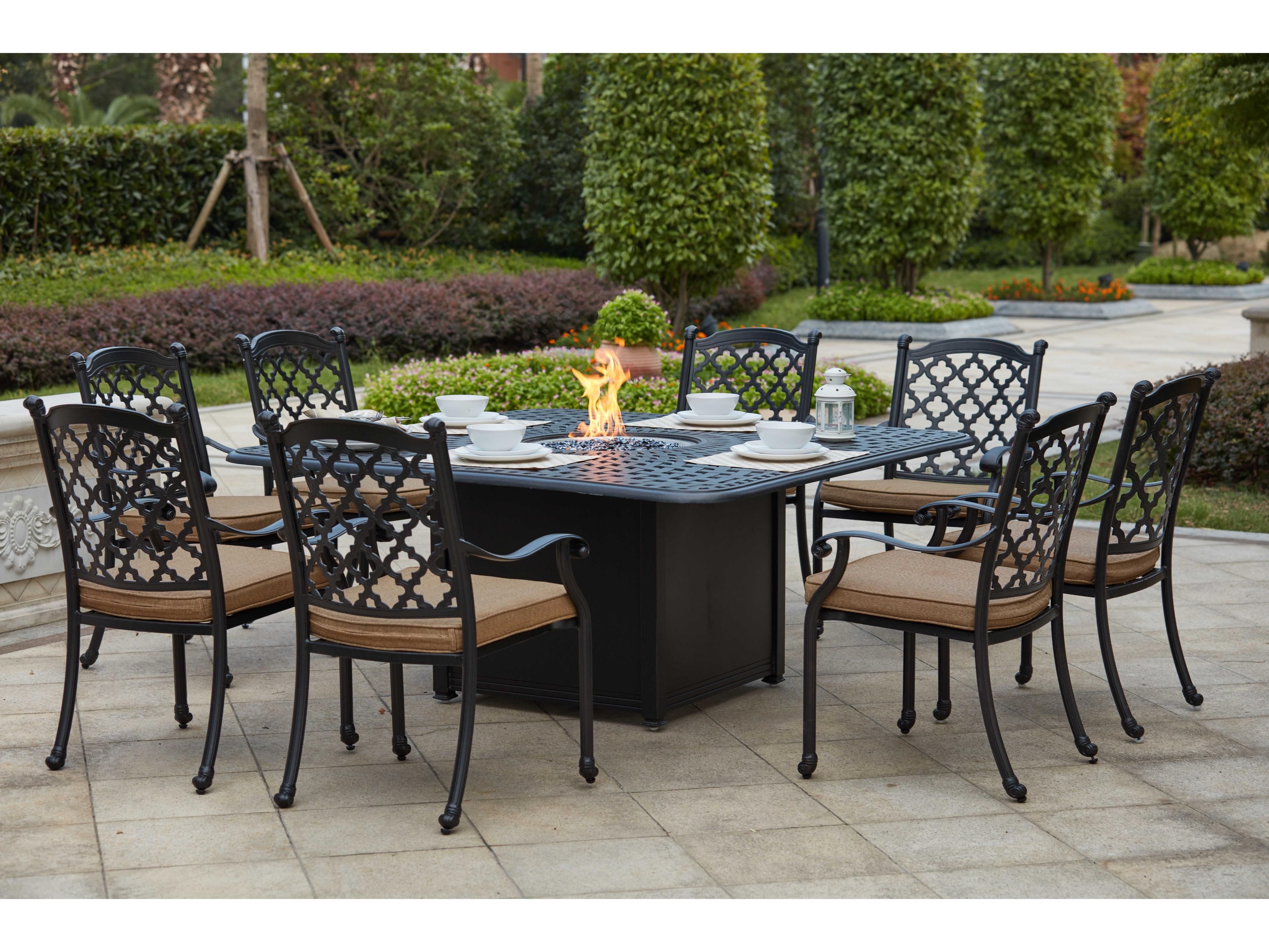 Darlee Outdoor Living Madison Cast Aluminum 9- Piece Propane Fire Pit Dining Set with 64 Inch Square in Antique Bronze