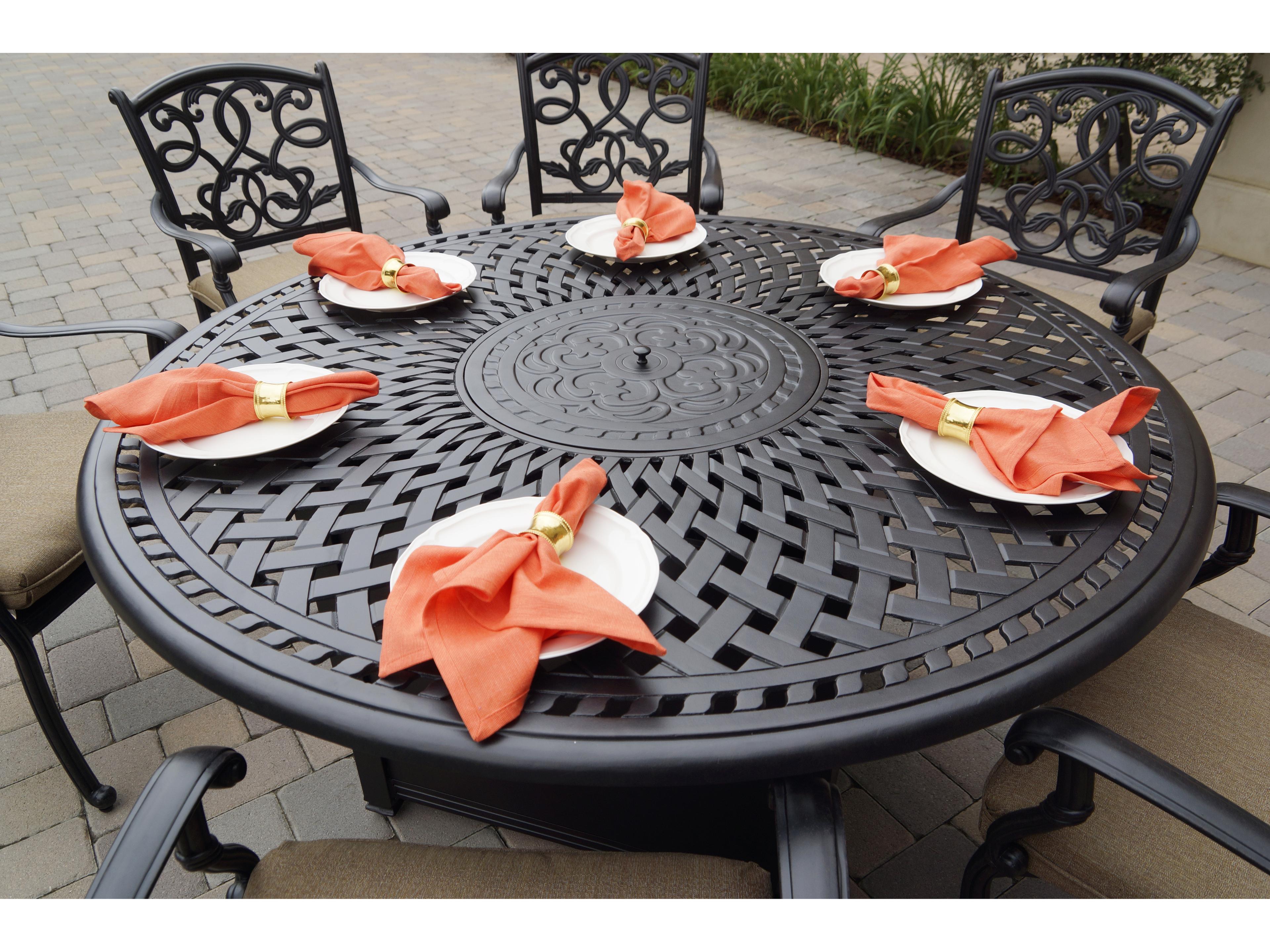 Darlee Outdoor Living Santa Monica Cast Aluminum 7-Piece Propane Fire Pit Dining Set with Cushions and 60'' Round Fire Pit Dining Table and Fireglass