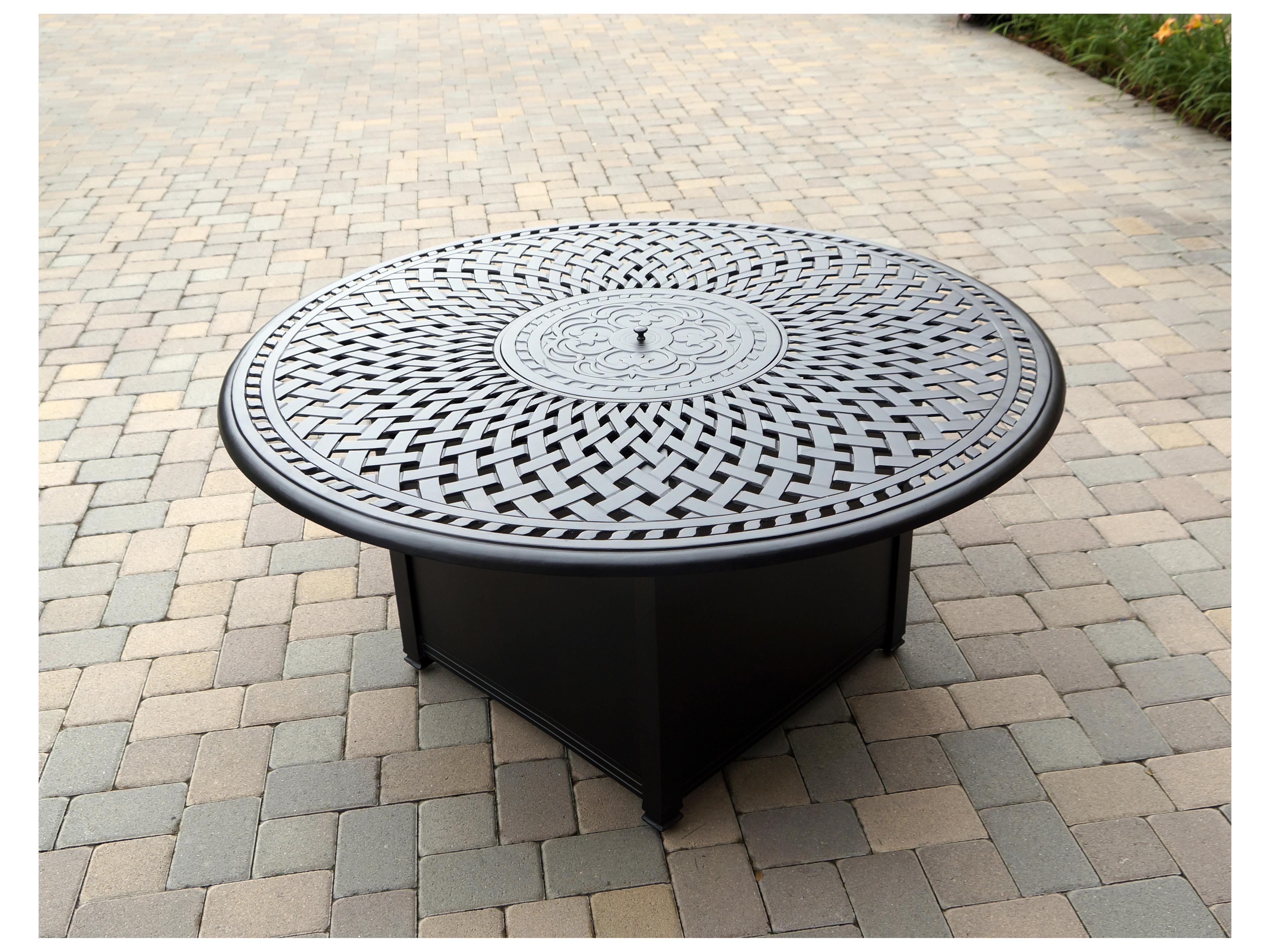 Darlee Outdoor Living Santa Monica Cast Aluminum 7-Piece Propane Fire Pit Dining Set with Cushions and 60'' Round Fire Pit Dining Table and Fireglass