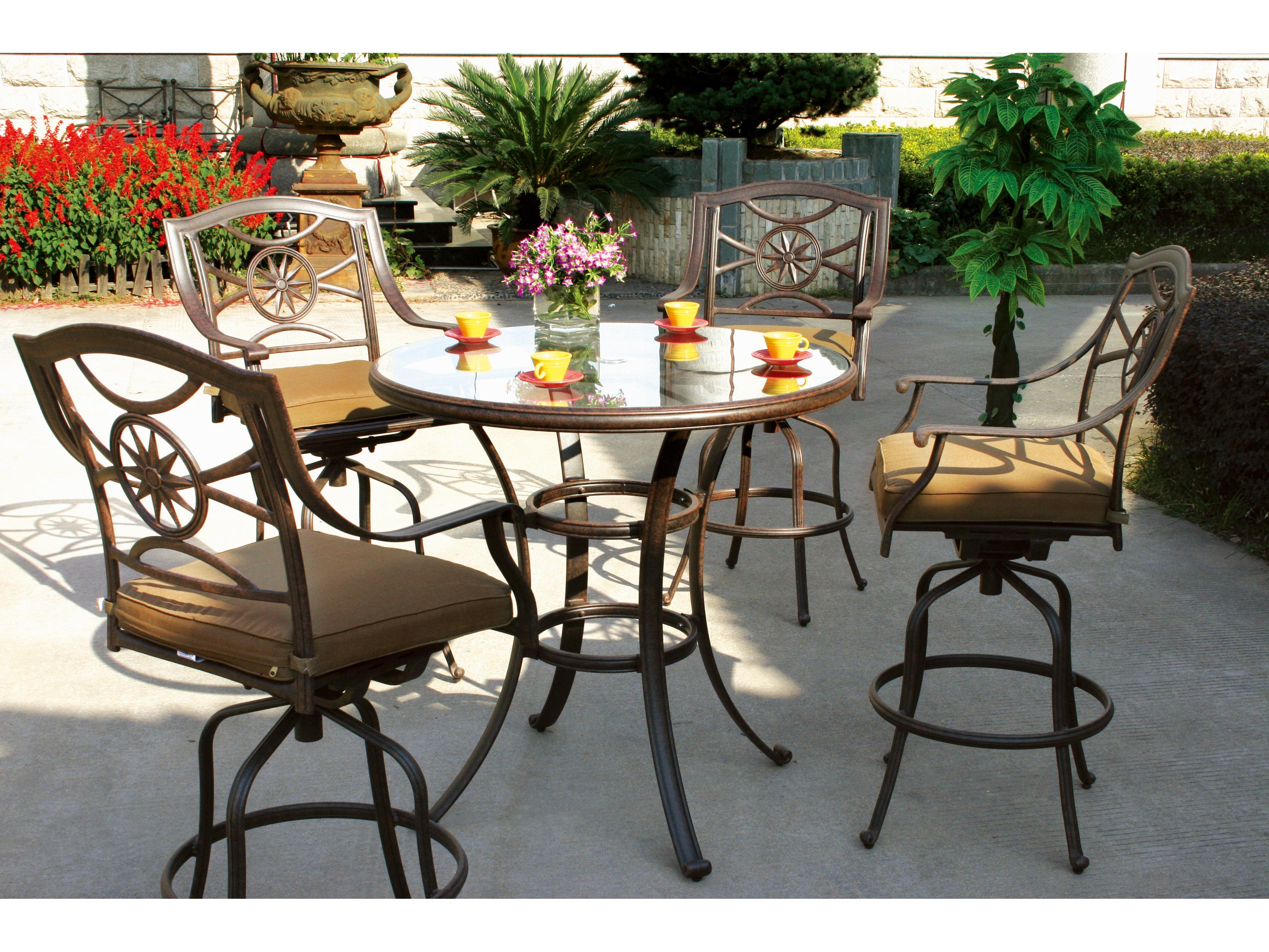 Darlee Outdoor Living Ten Star Cast Aluminum 5-Piece Glass Top Bar Set with Cushions and 42'' Round Glass Top Bar Table