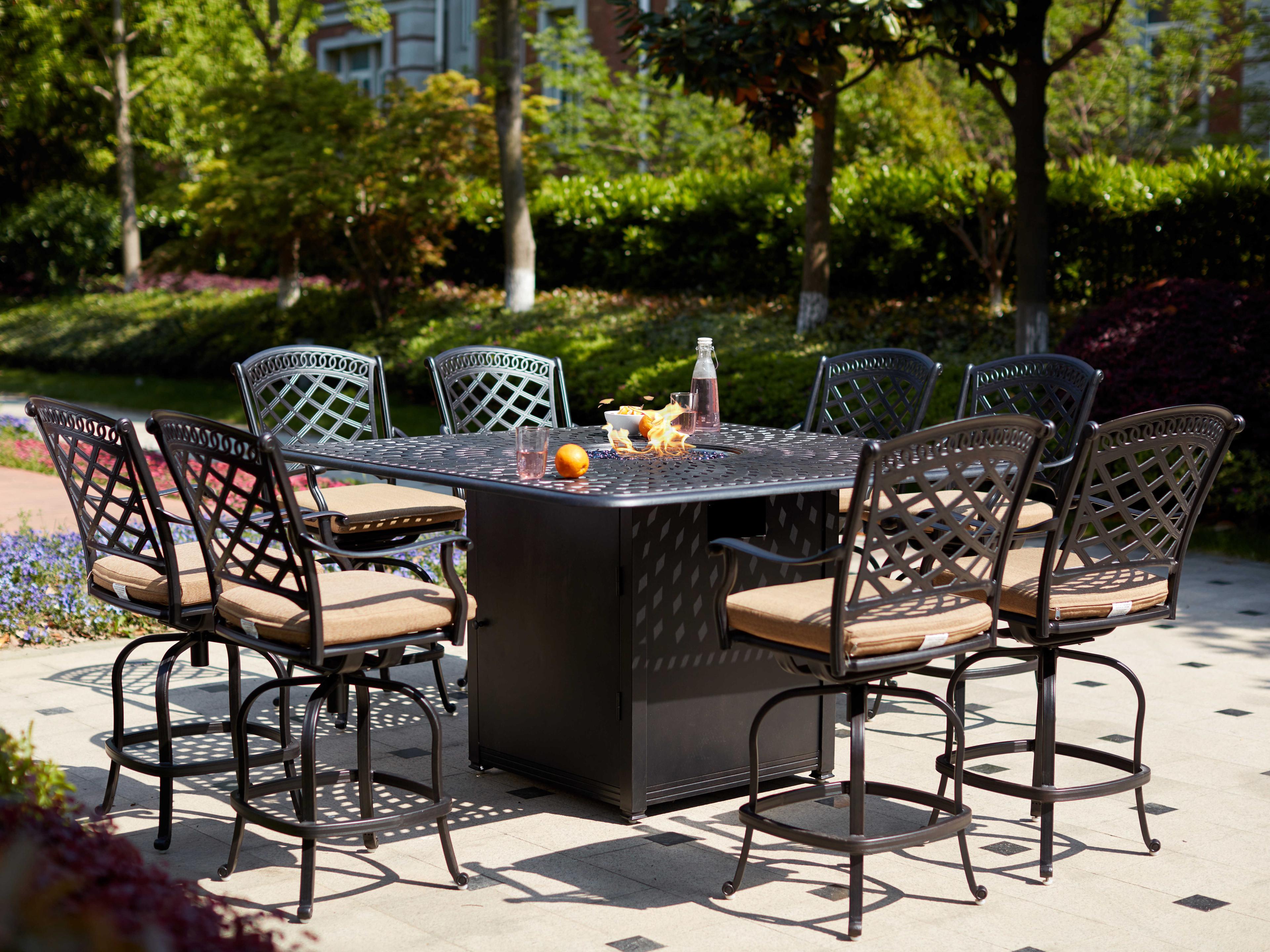 Darlee Outdoor Living Sedona Cast Aluminum Antique Bronze 9 Piece Fire Pit Counter Set