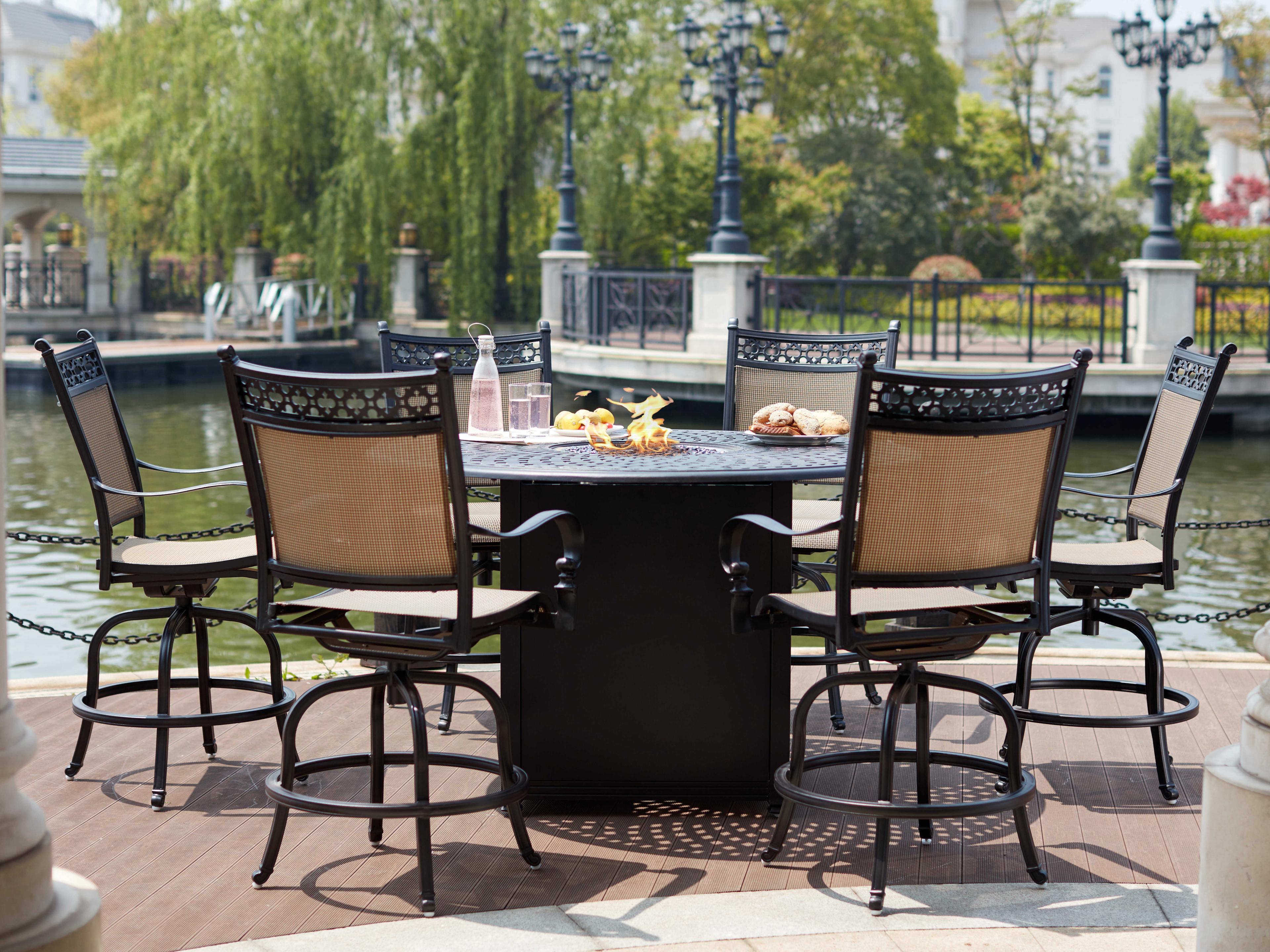 Darlee Outdoor Living Mountain View Sling Cast Aluminum Antique Bronze 7 Piece Fire Pit Counter Set