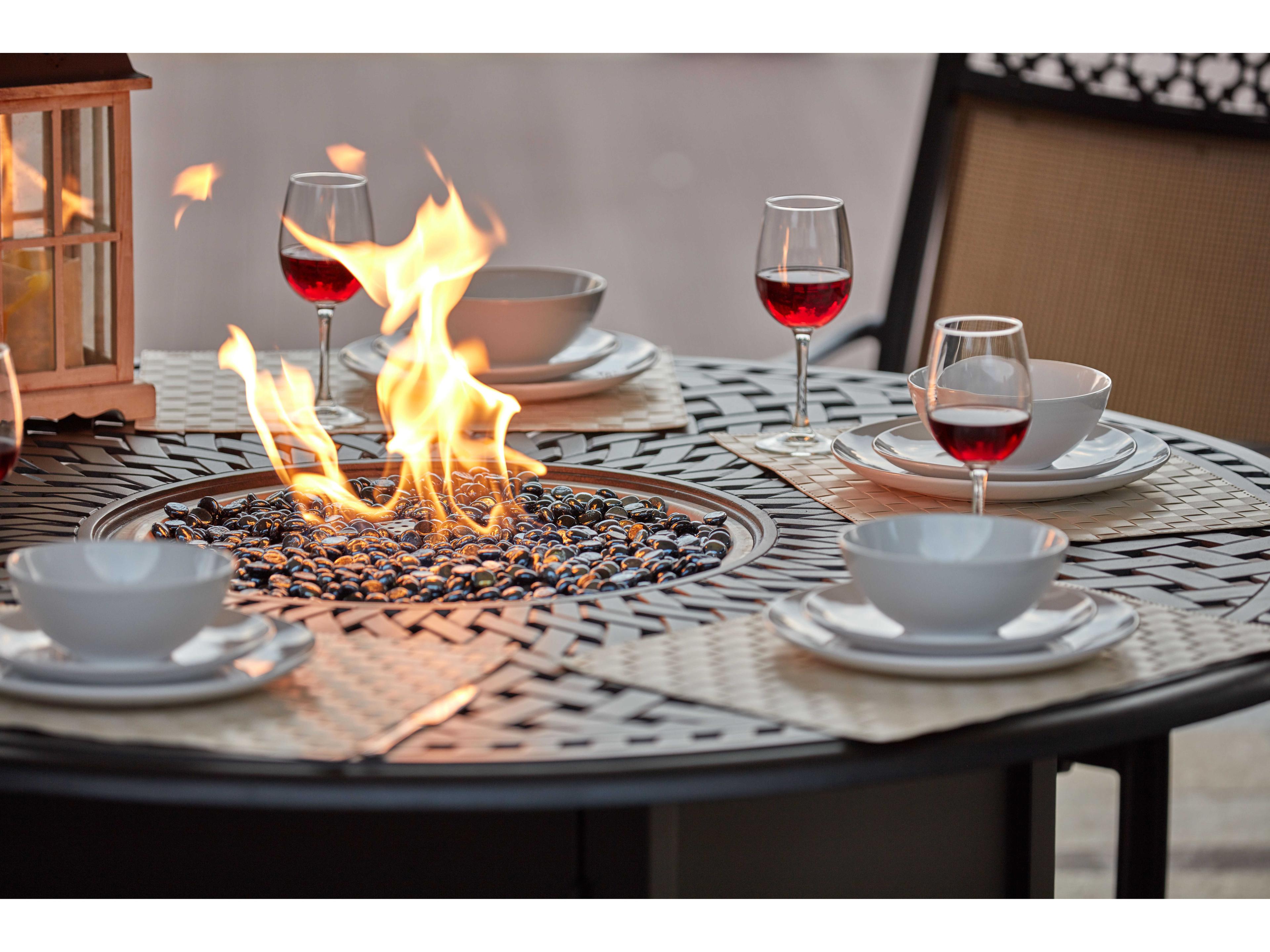 Darlee Outdoor Living Mountain View Sling Cast Aluminum Antique Bronze 7 Piece Fire Pit Counter Set