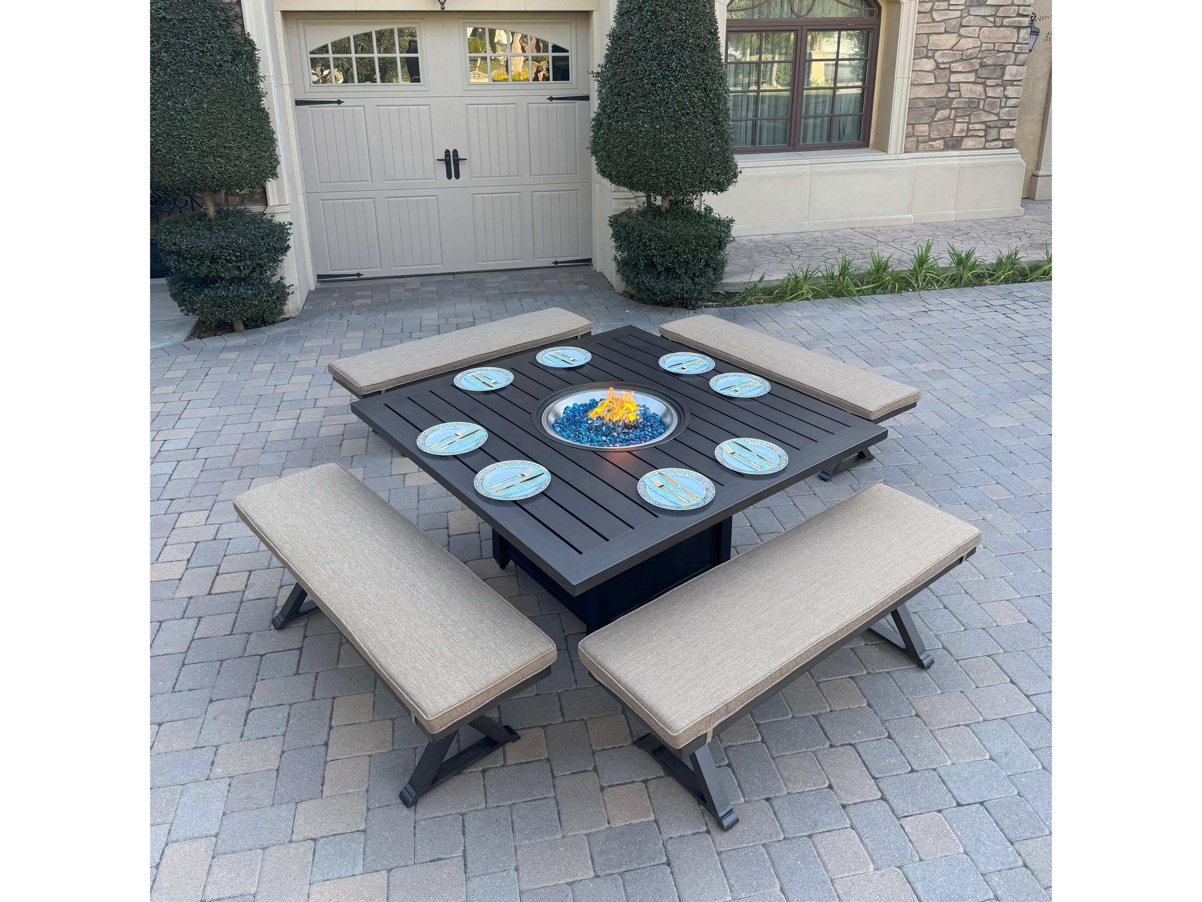 Darlee Outdoor Living Brooklyn Aluminum 5-Piece Dining Set with 60" Square Propane Fire Pit Dining Table
