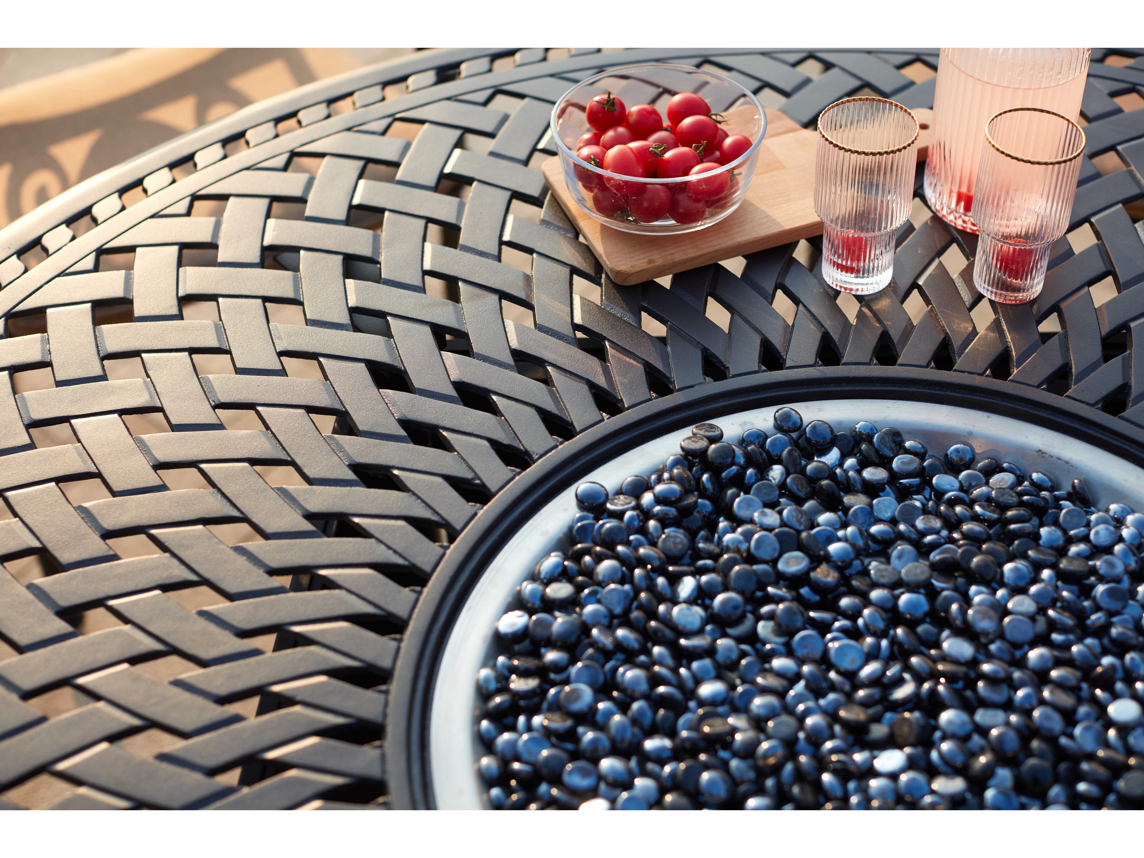 Darlee Outdoor Living Monterey Sling Cast Aluminum Antique Bronze 7 Piece Fire Pit Dining Set