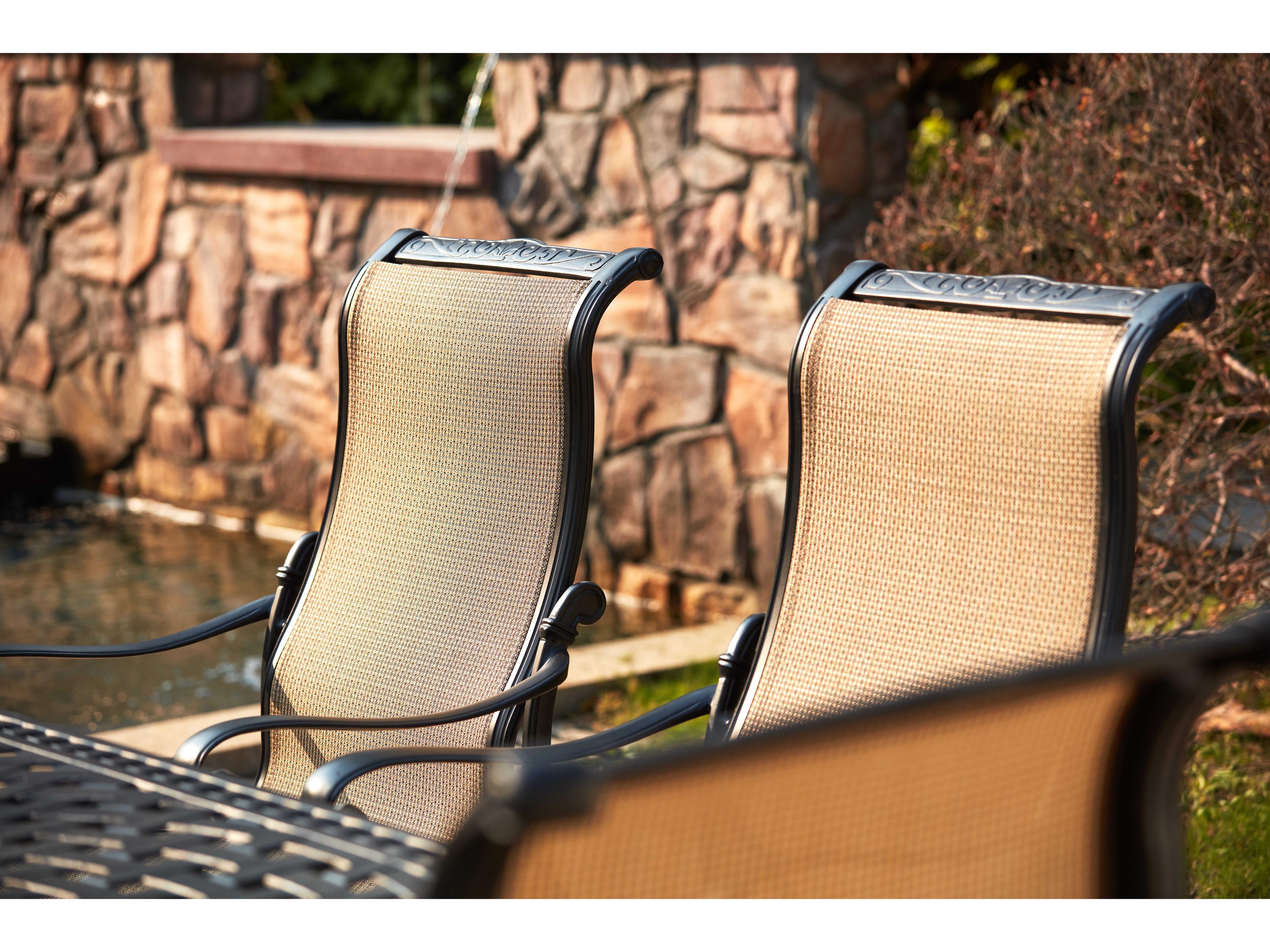 Darlee Outdoor Living Monterey Sling Cast Aluminum Antique Bronze 9 Piece Fire Pit Dining Set