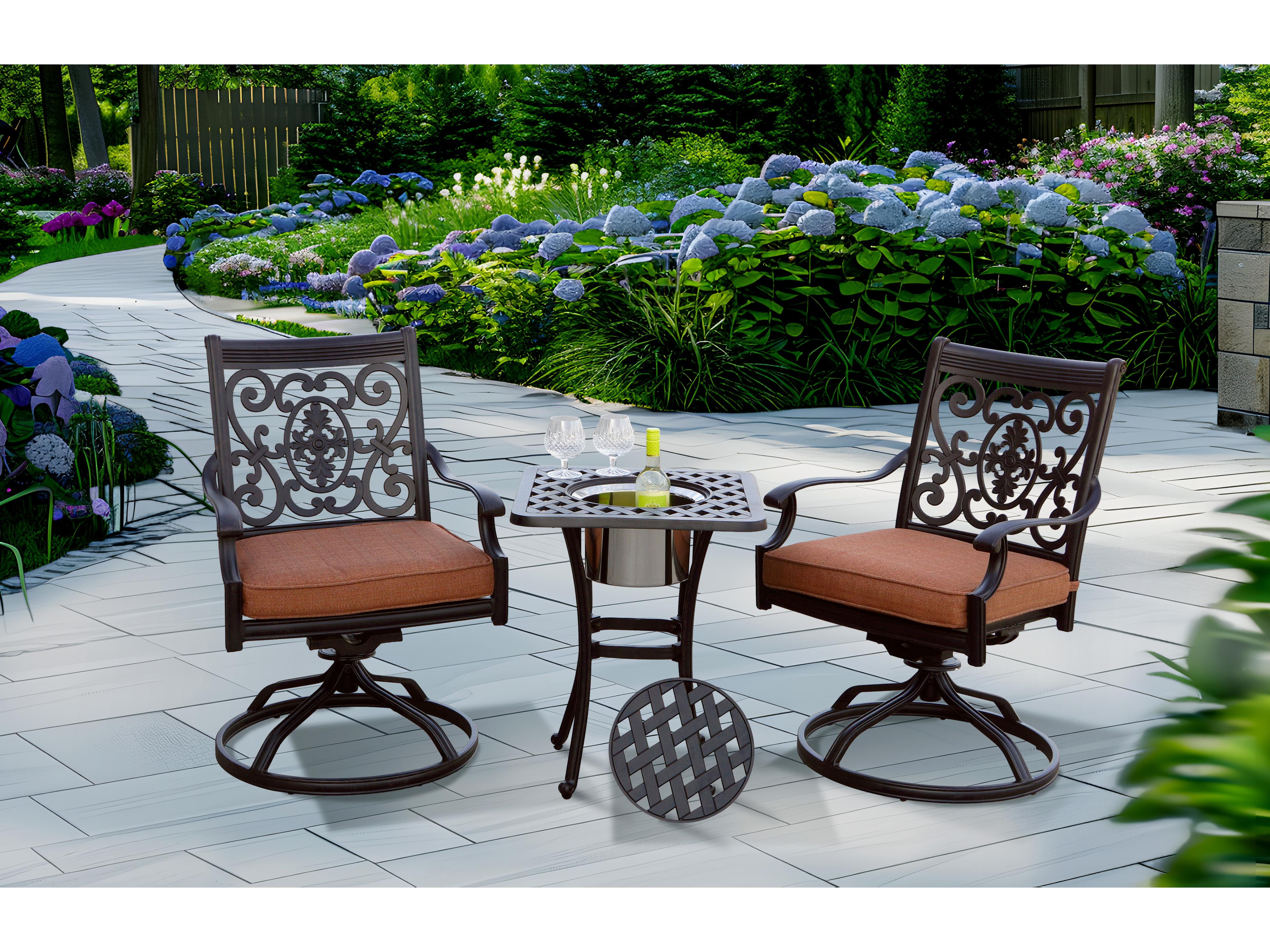 Darlee Outdoor Living Nassau Cast Aluminum Antique Bronze 3 Piece Lounge Set with Square Ice Bucket End Table in Sesame Cushions