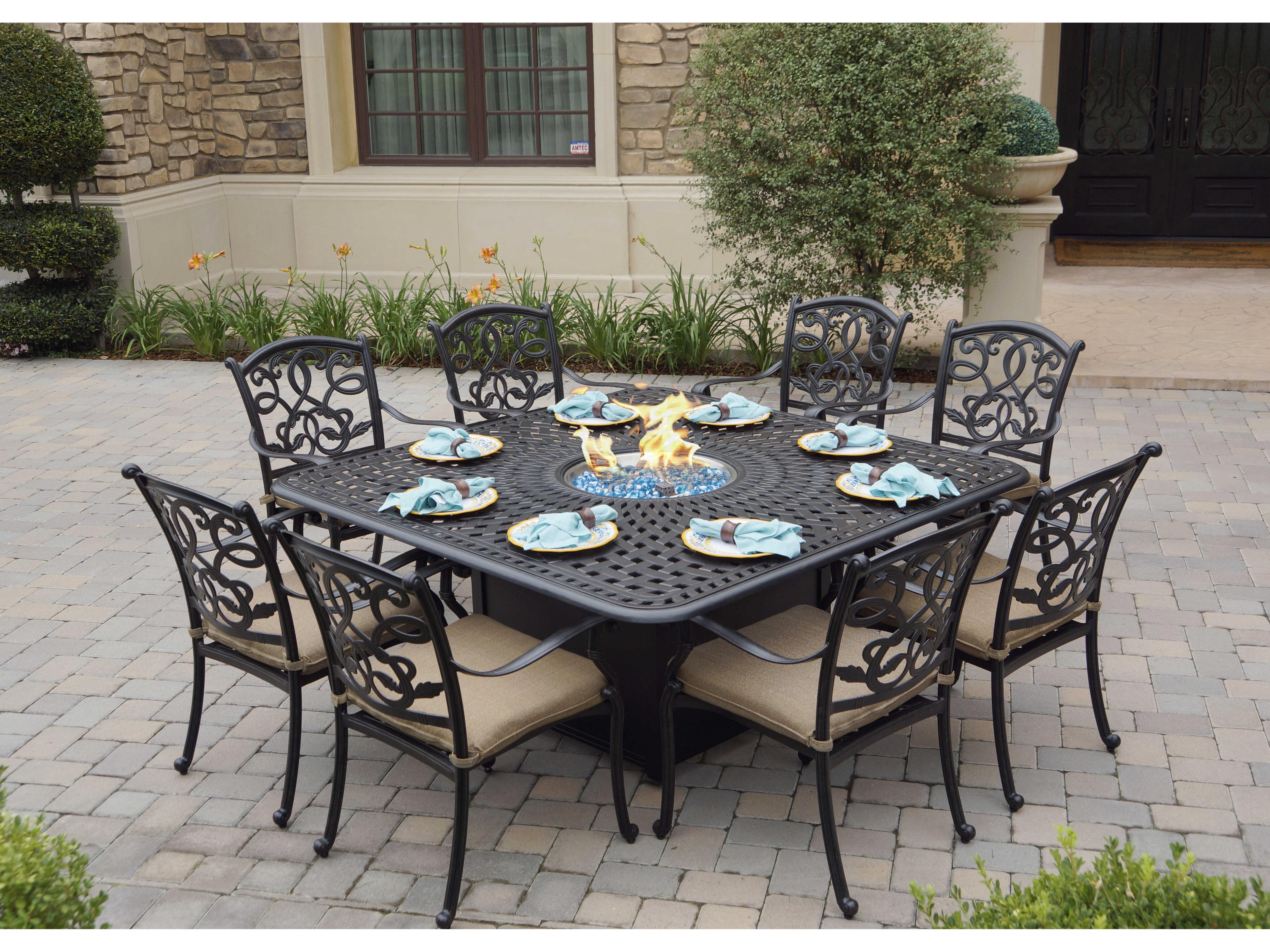 Darlee Outdoor Living Santa Monica Cast Aluminum Antique Bronze 9 Piece Fire Pit Dining Set