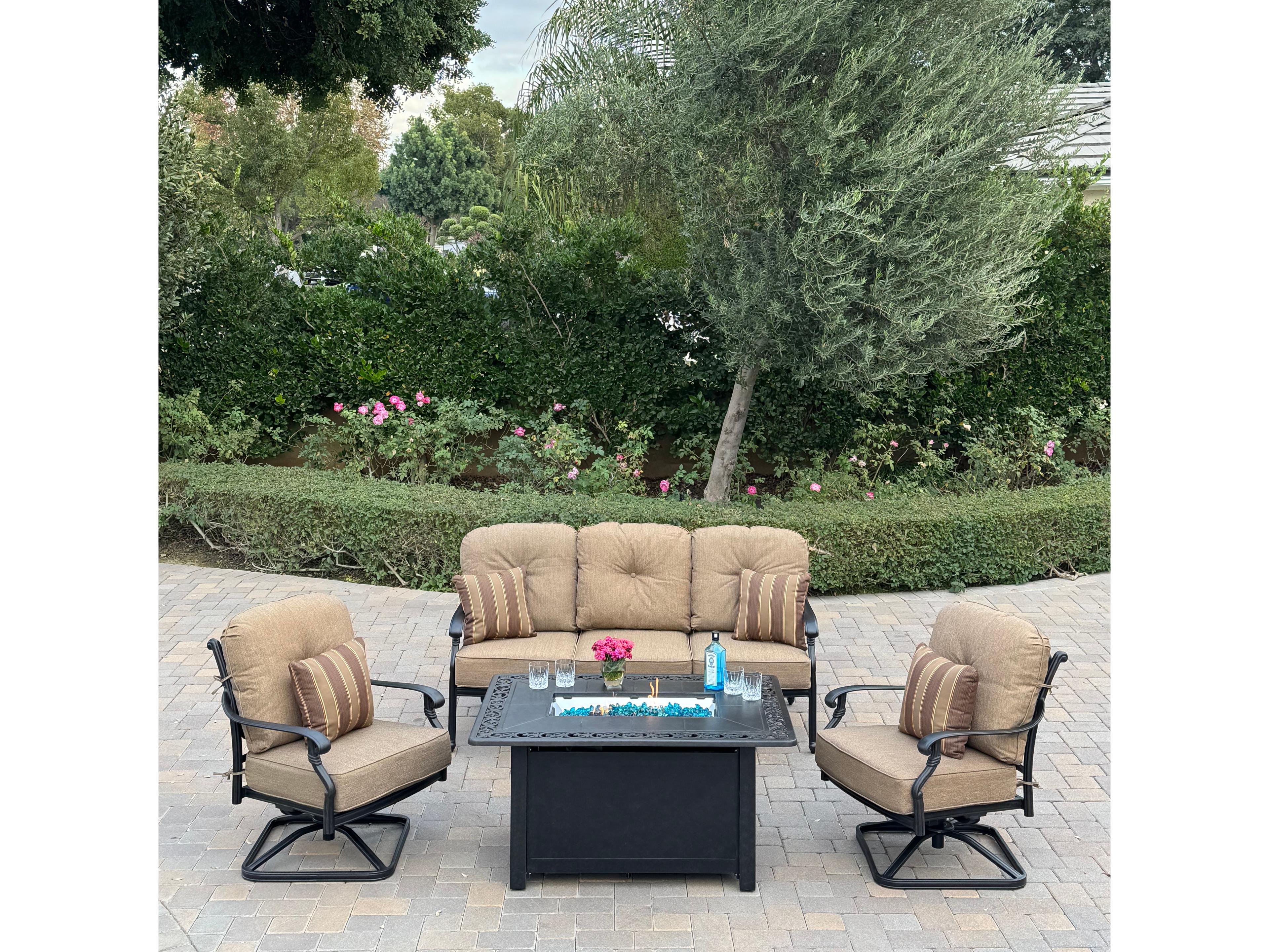 Darlee Outdoor Living Santa Monica Cast Aluminum 4-Piece Conversation Set with 49" X 35" Rectangular Fire Pit Chat Table