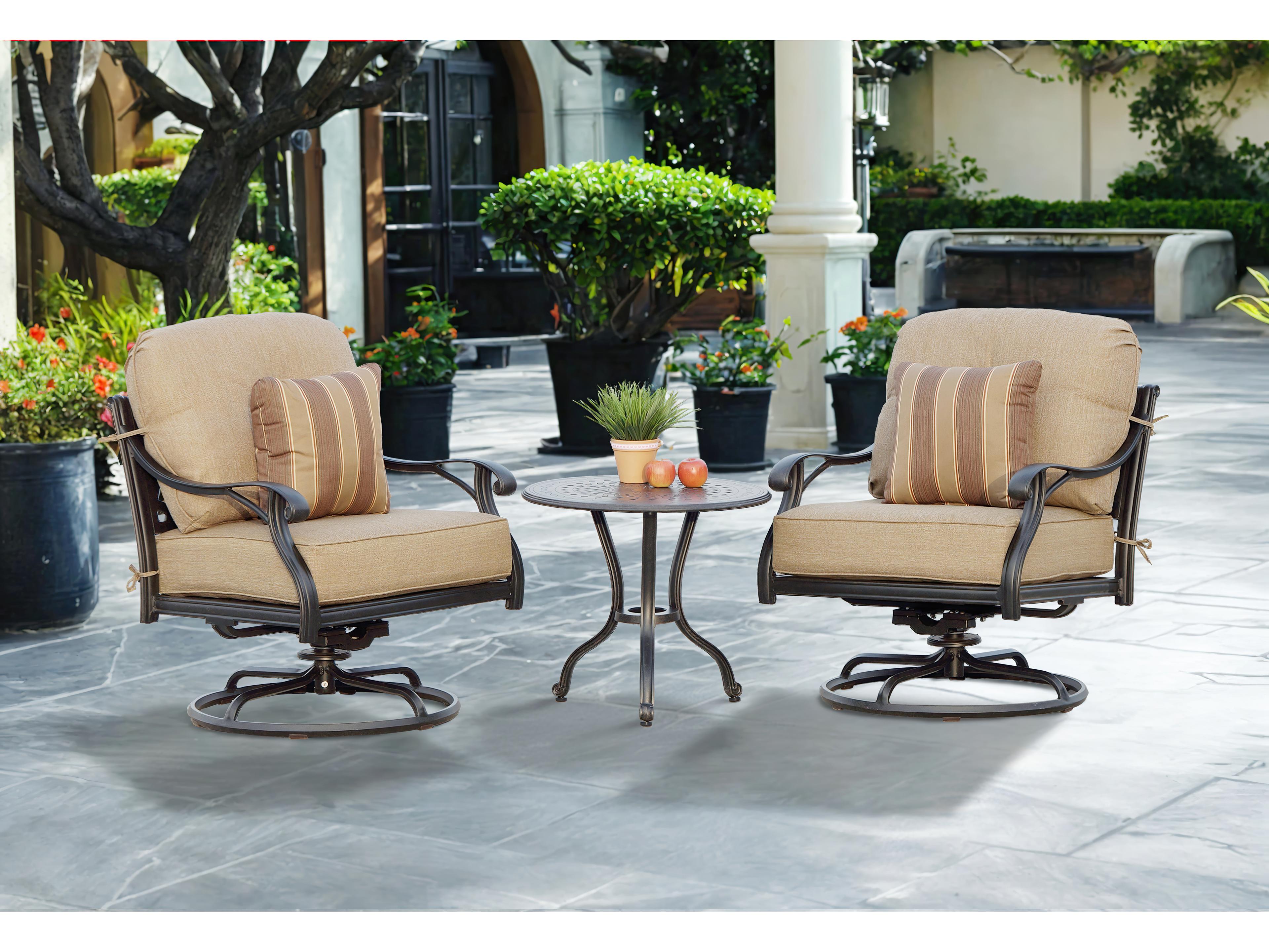Darlee Outdoor Living Nassau Cast Aluminum Antique Bronze 3 Piece Lounge Set in Sesame Cushions with 24'' Wide Round End Table and Pillows