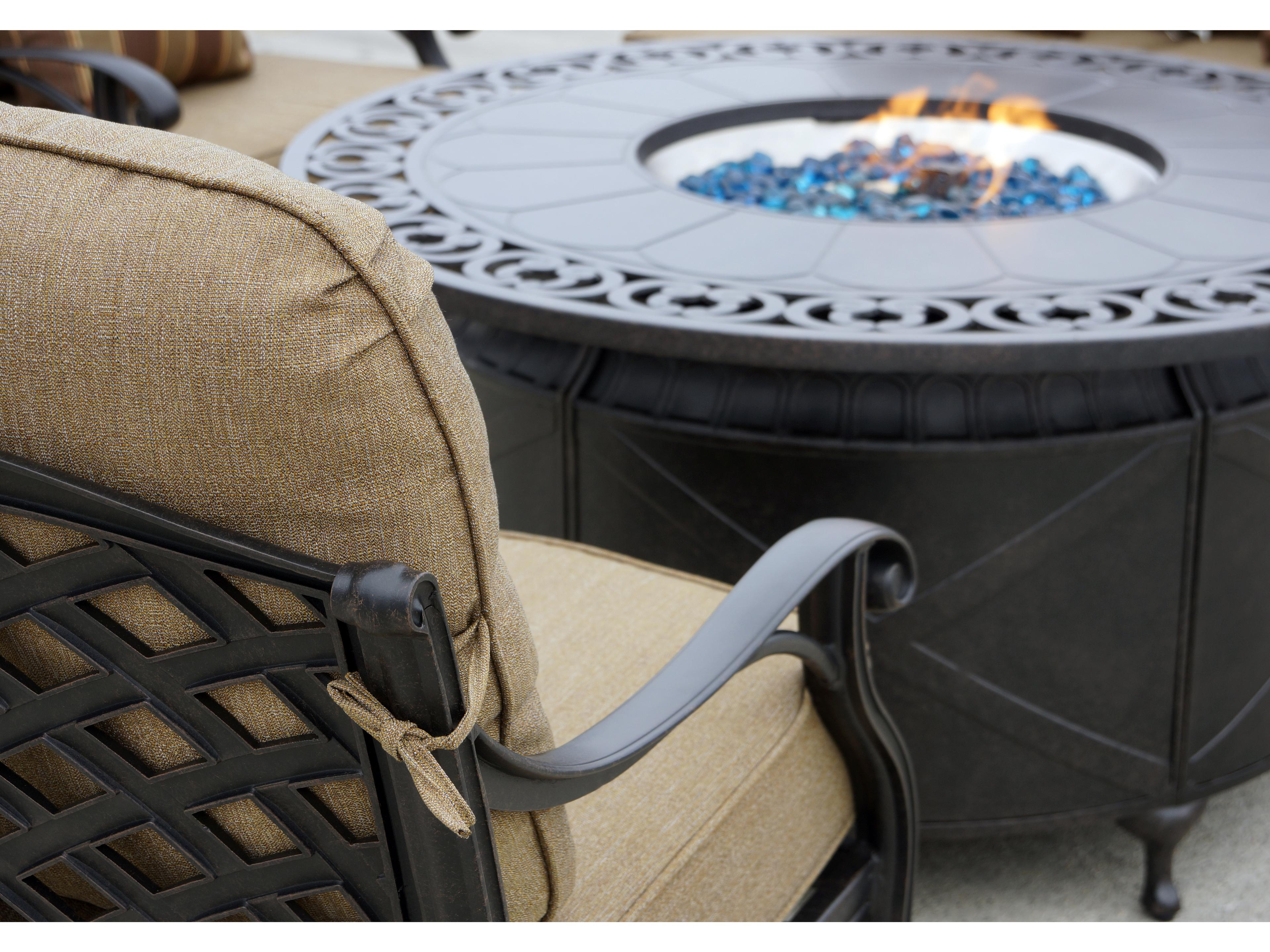 Darlee Outdoor Living Nassau Cast Aluminum Antique Bronze 4 Piece Fire Pit Lounge Set in Sesame Cushions with 47'' Wide Round Chat Table with Fireglass