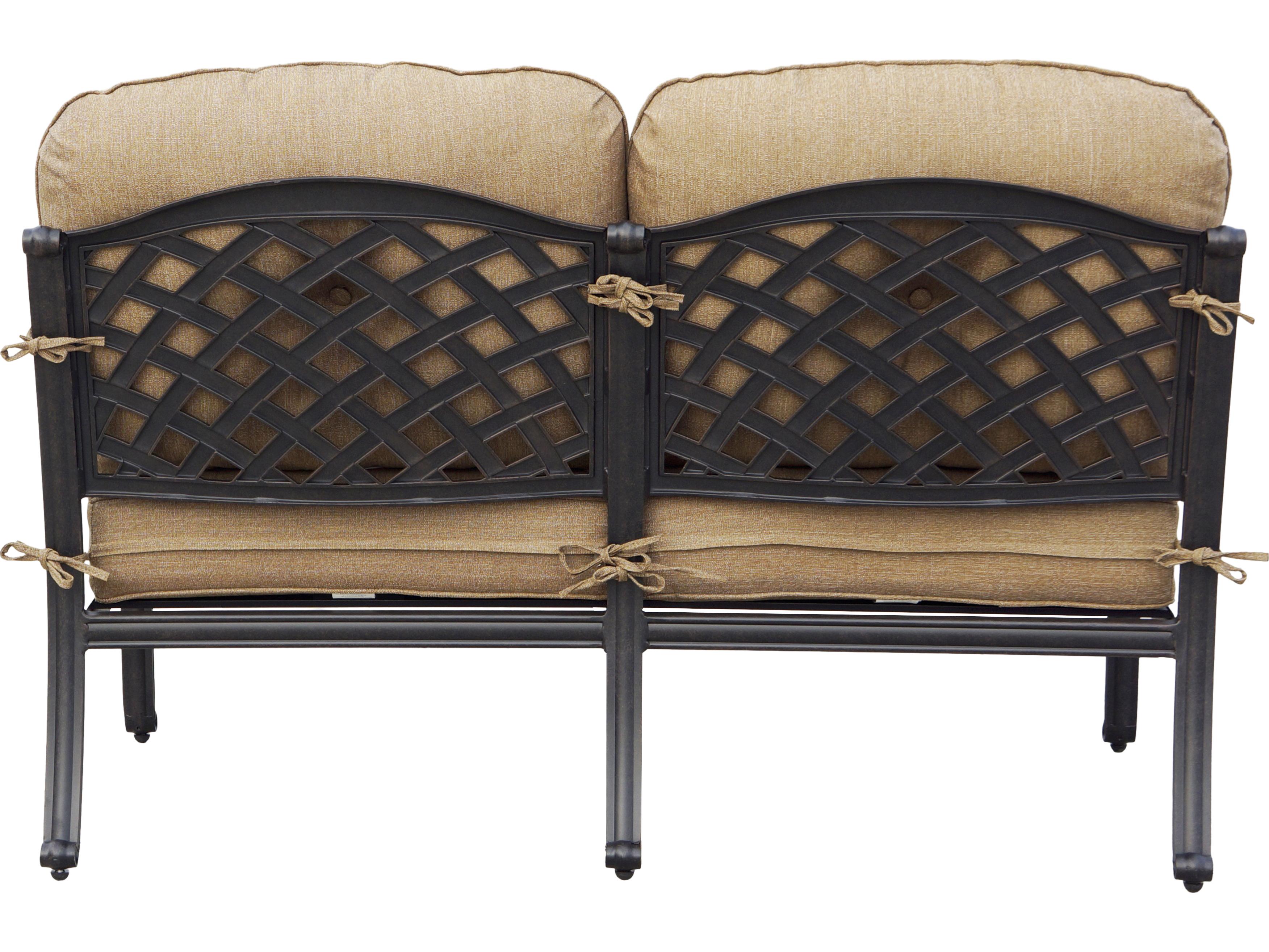 Darlee Outdoor Living Nassau Cast Aluminum Antique Bronze 4 Piece Fire Pit Lounge Set in Sesame Cushions with 47'' Wide Round Chat Table with Fireglass