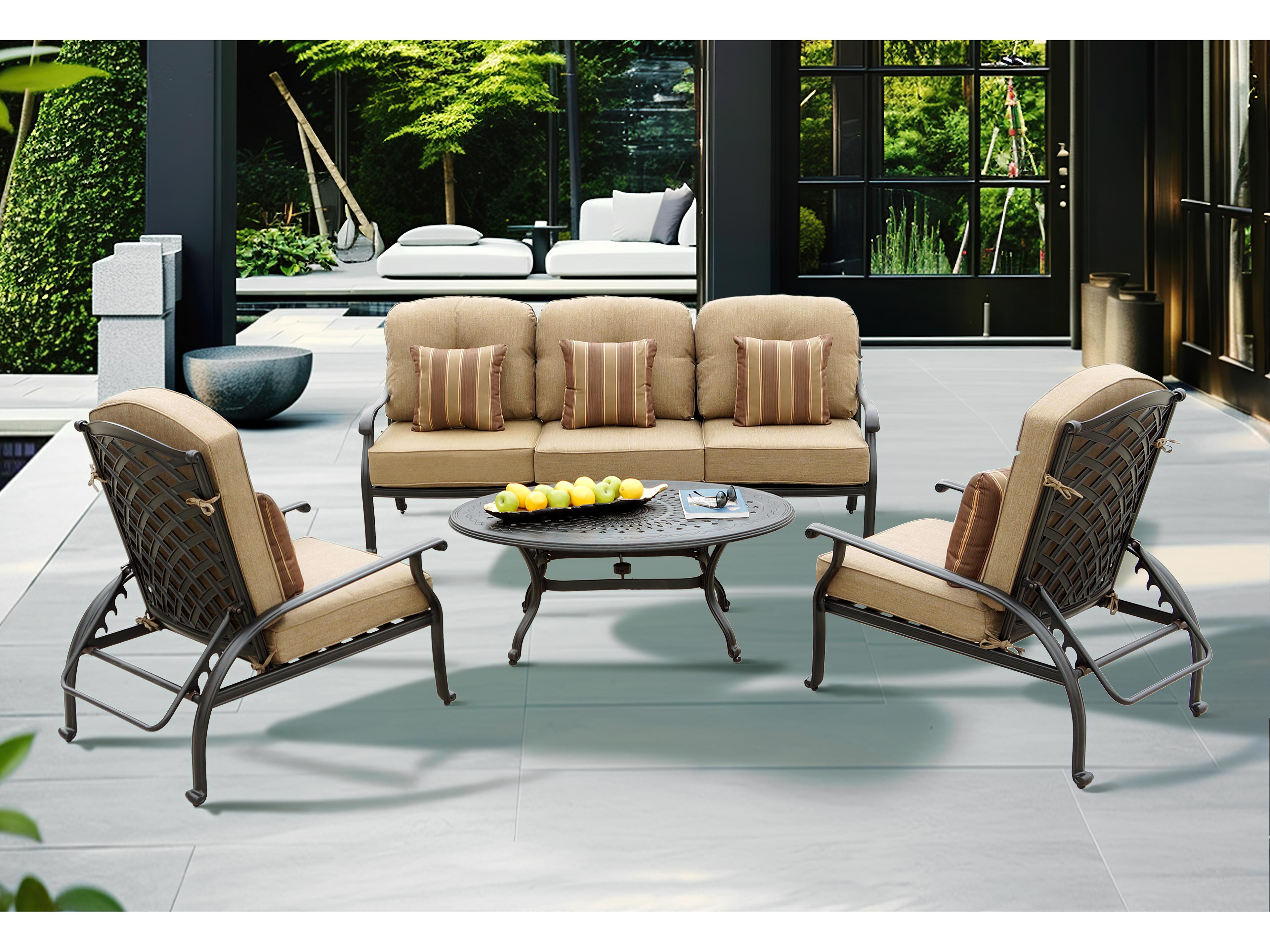 Darlee Outdoor Living Nassau Cast Aluminum Antique Bronze 4 Piece Lounge Set in Sesame Cushions with 46''W x 31''D Oval Coffee Table