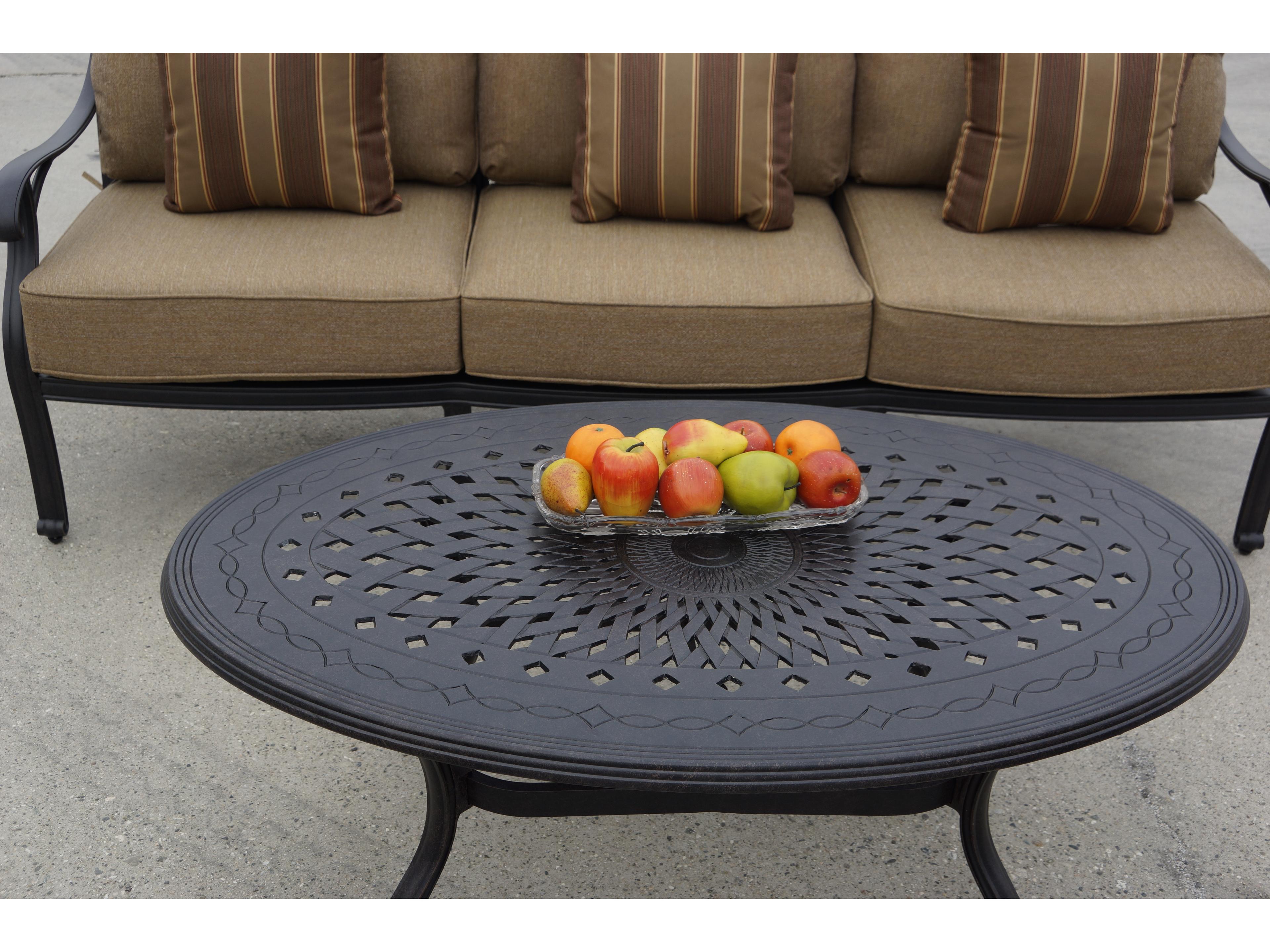 Darlee Outdoor Living Nassau Cast Aluminum Antique Bronze 4 Piece Lounge Set in Sesame Cushions with 46''W x 31''D Oval Coffee Table