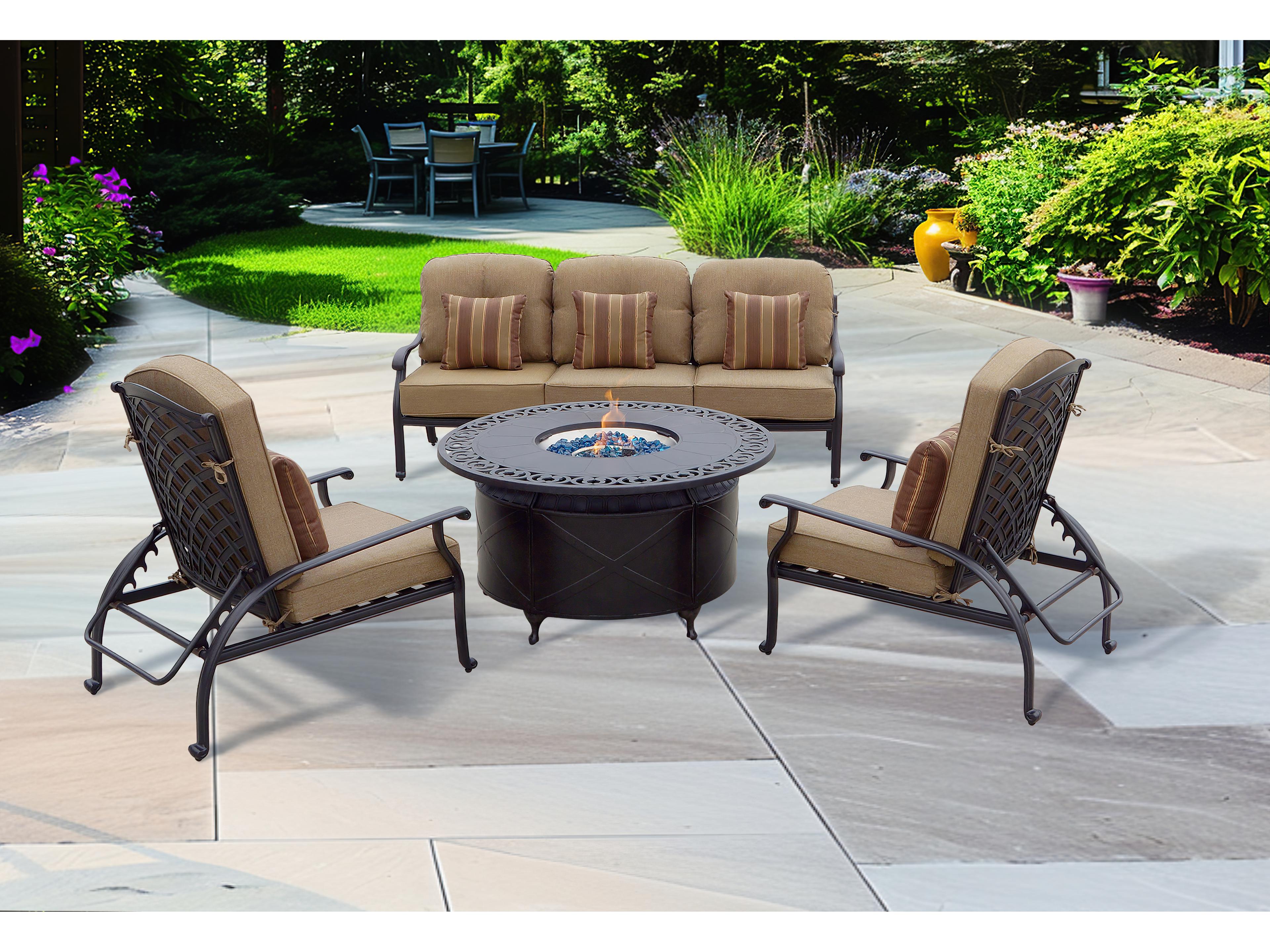 Darlee Outdoor Living Nassau Cast Aluminum Antique Bronze 4 Piece Fire Pit Lounge Set in Sesame Cushions with 47'' Wide Round Fire Pit Table and Fireglass
