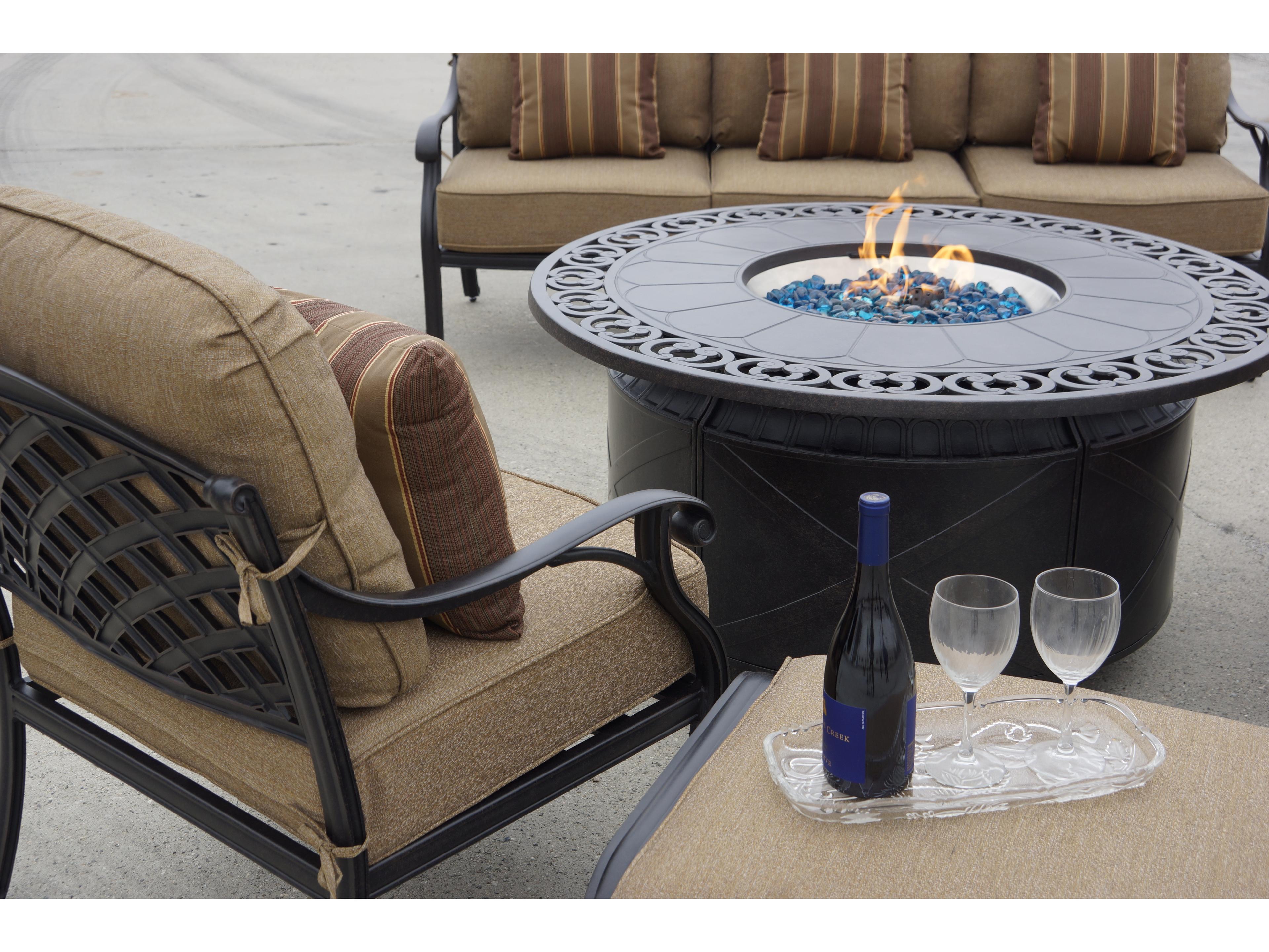 Darlee Outdoor Living Nassau Cast Aluminum Antique Bronze 5 Piece Propane Fire Pit Lounge Set in Sesame Cushions with 47'' Wide Round Fire Pit Chat Table and Fireglass