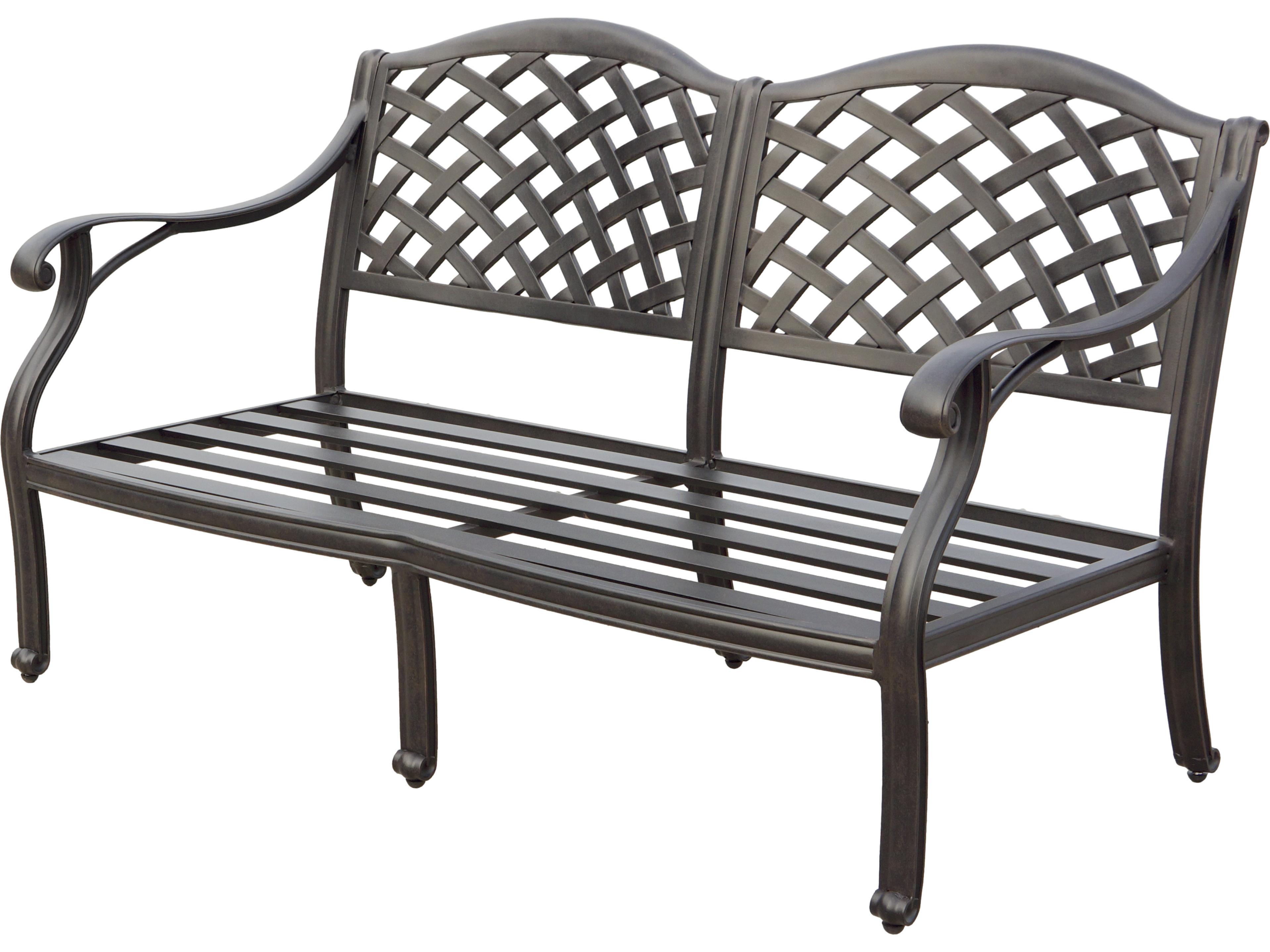 Darlee Outdoor Living Nassau Cast Aluminum Antique Bronze 5 Piece Propane Fire Pit Lounge Set in Sesame Cushions with 47'' Wide Round Fire Pit Chat Table and Fireglass