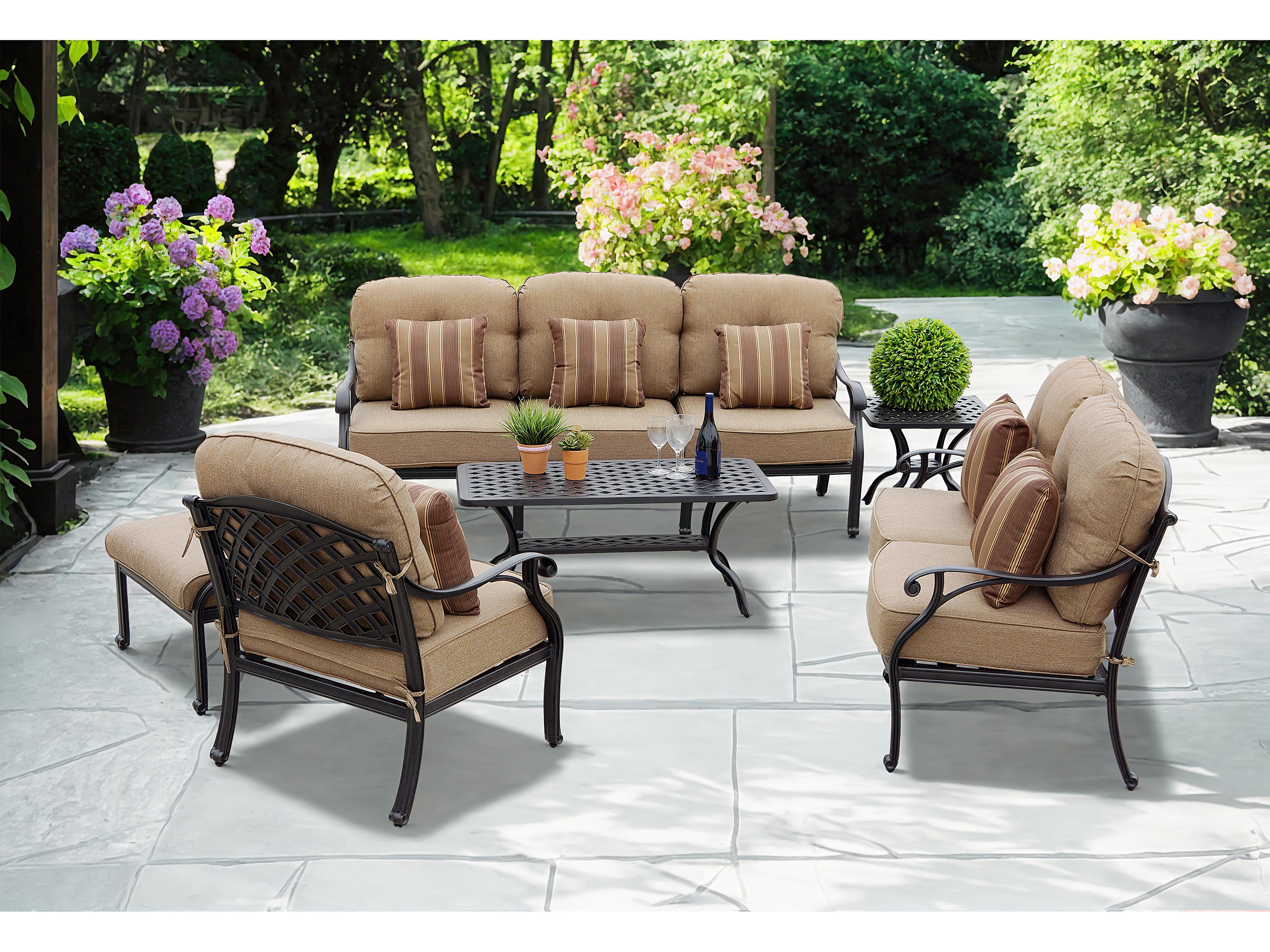 Darlee Outdoor Living Nassau Cast Aluminum Antique Bronze 6 Piece Lounge Set in Sesame Cushions with 42''W x 21''D Rectangular Coffee Table