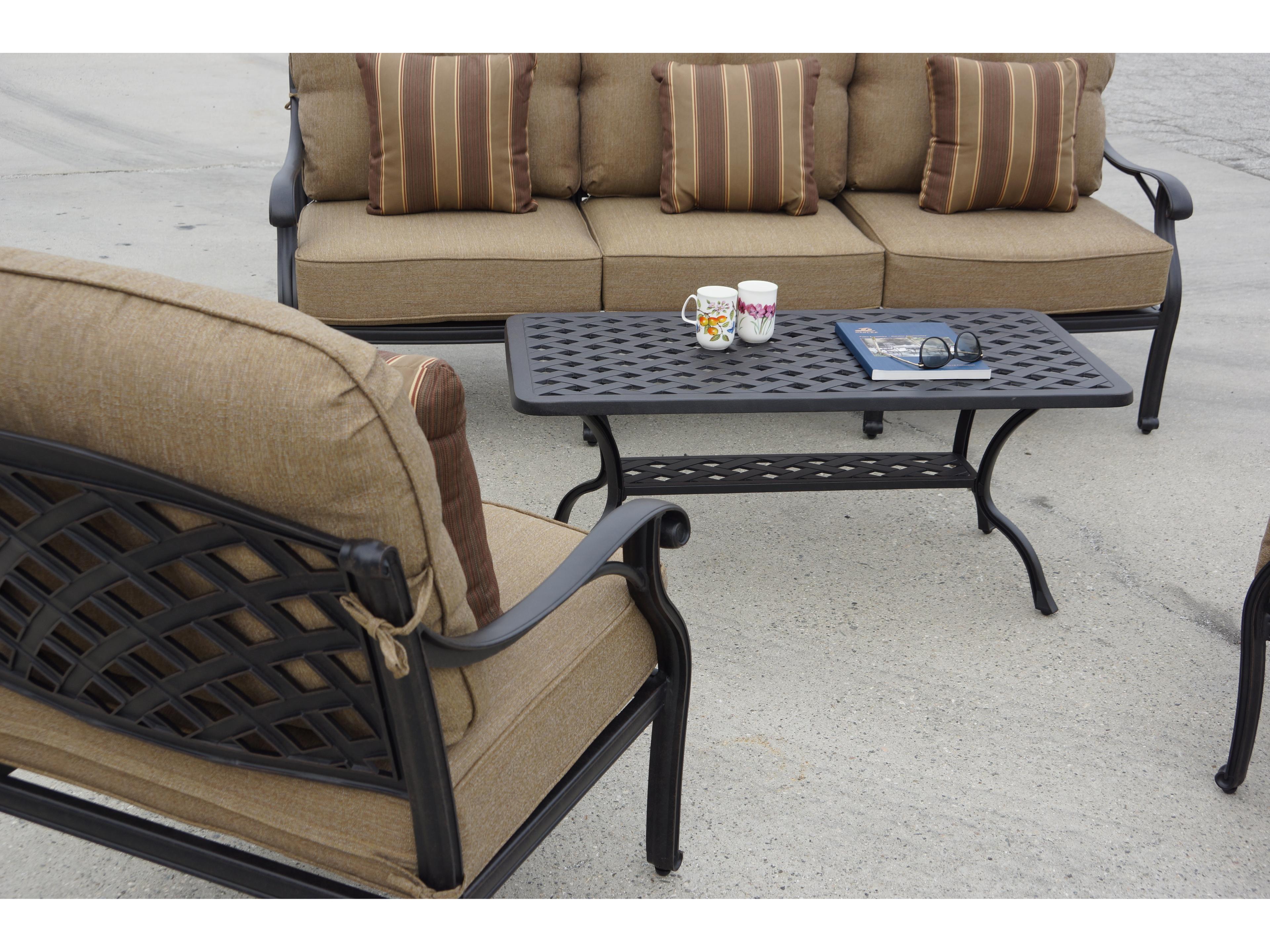 Darlee Outdoor Living Nassau Cast Aluminum Antique Bronze 6 Piece Lounge Set in Sesame Cushions with 42''W x 21''D Rectangular Coffee Table