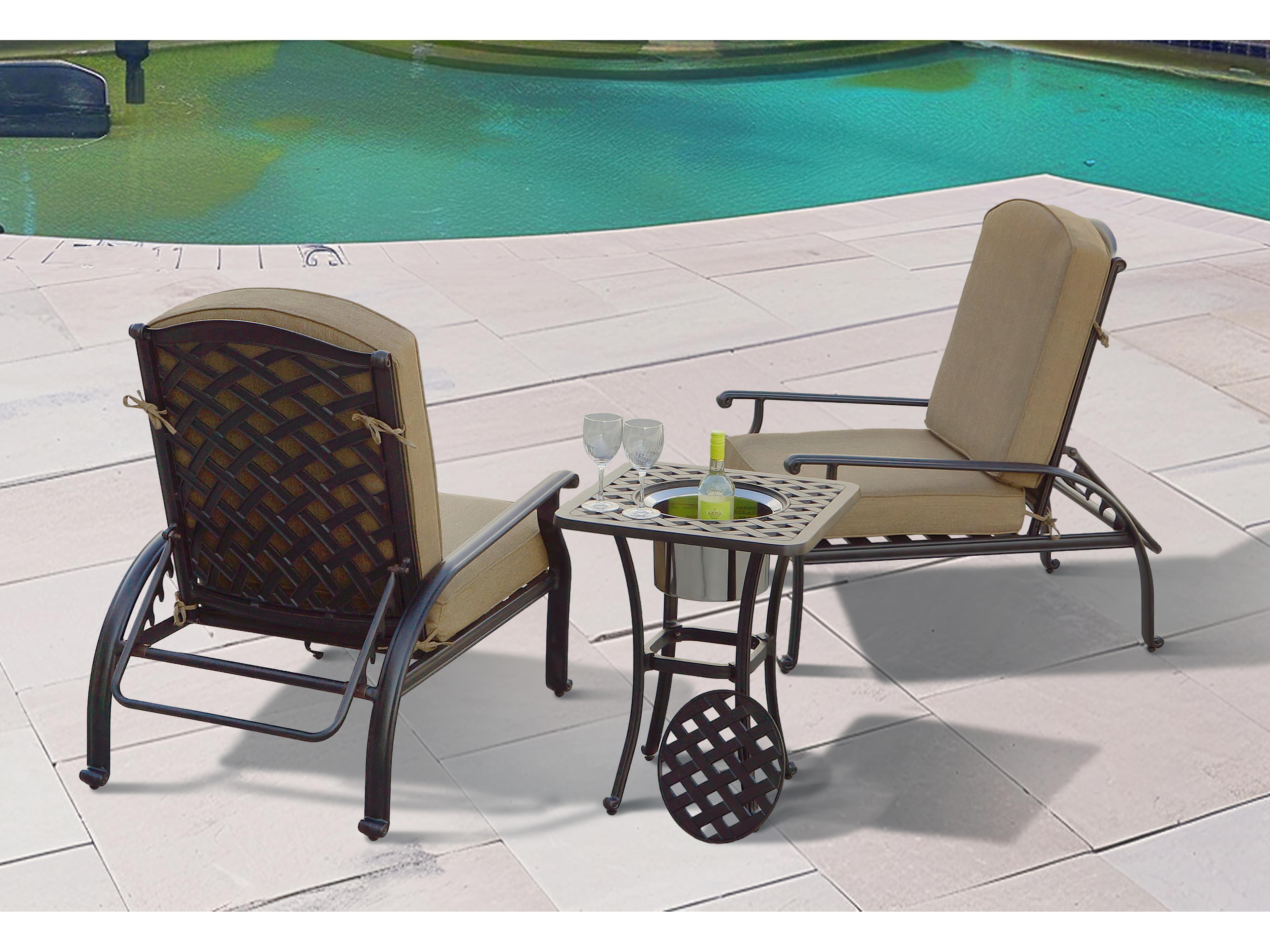 Darlee Outdoor Living Nassau Cast Aluminum Antique Bronze 3 Piece Lounge Set in Sesame Cushions with 21'' Square Ice Bucket End Table