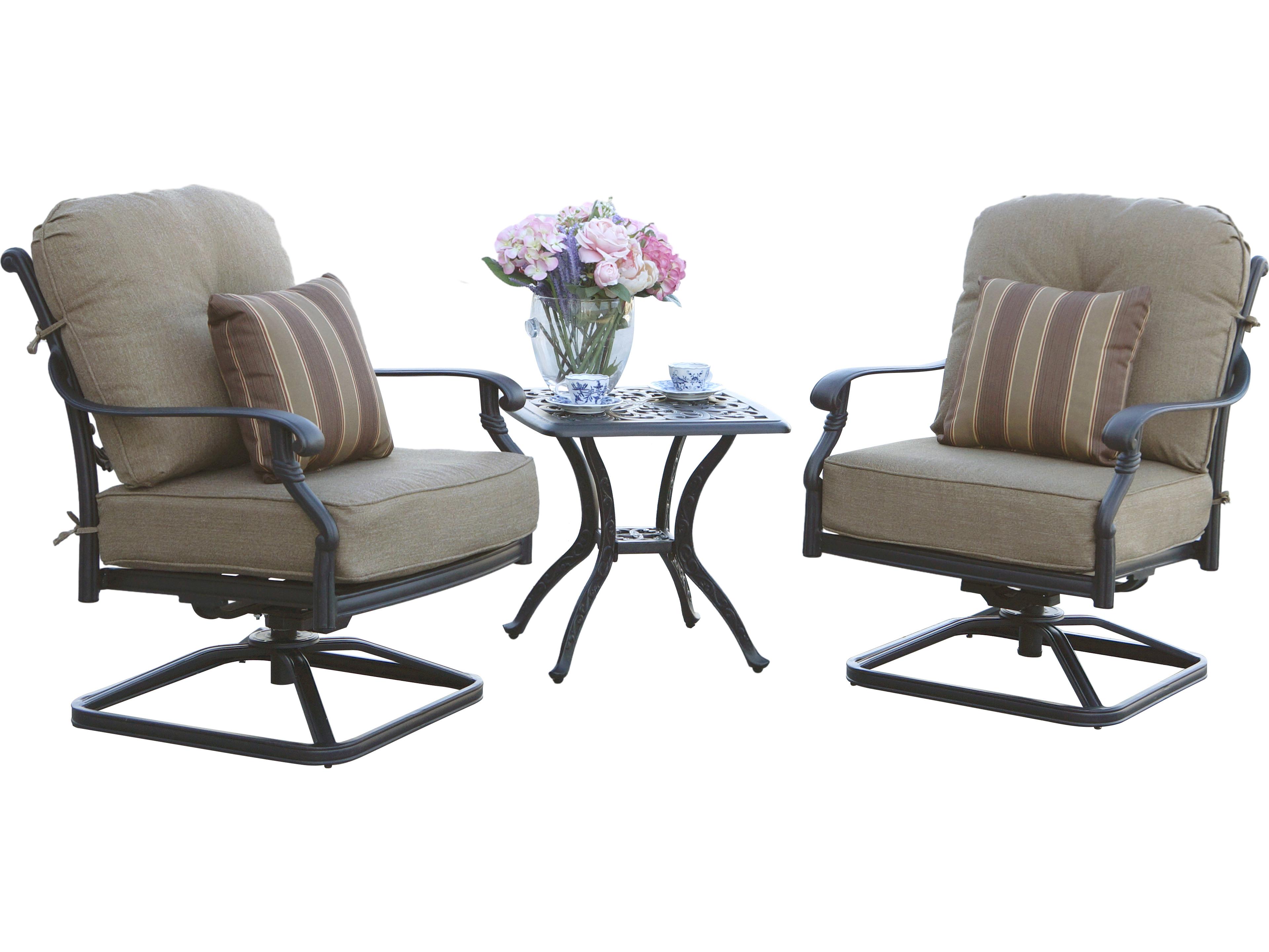 Darlee Outdoor Living Santa Monica Cast Aluminum Antique Bronze 3 Piece Lounge Set in Sesame Cushions with 21'' Wide Square End Table