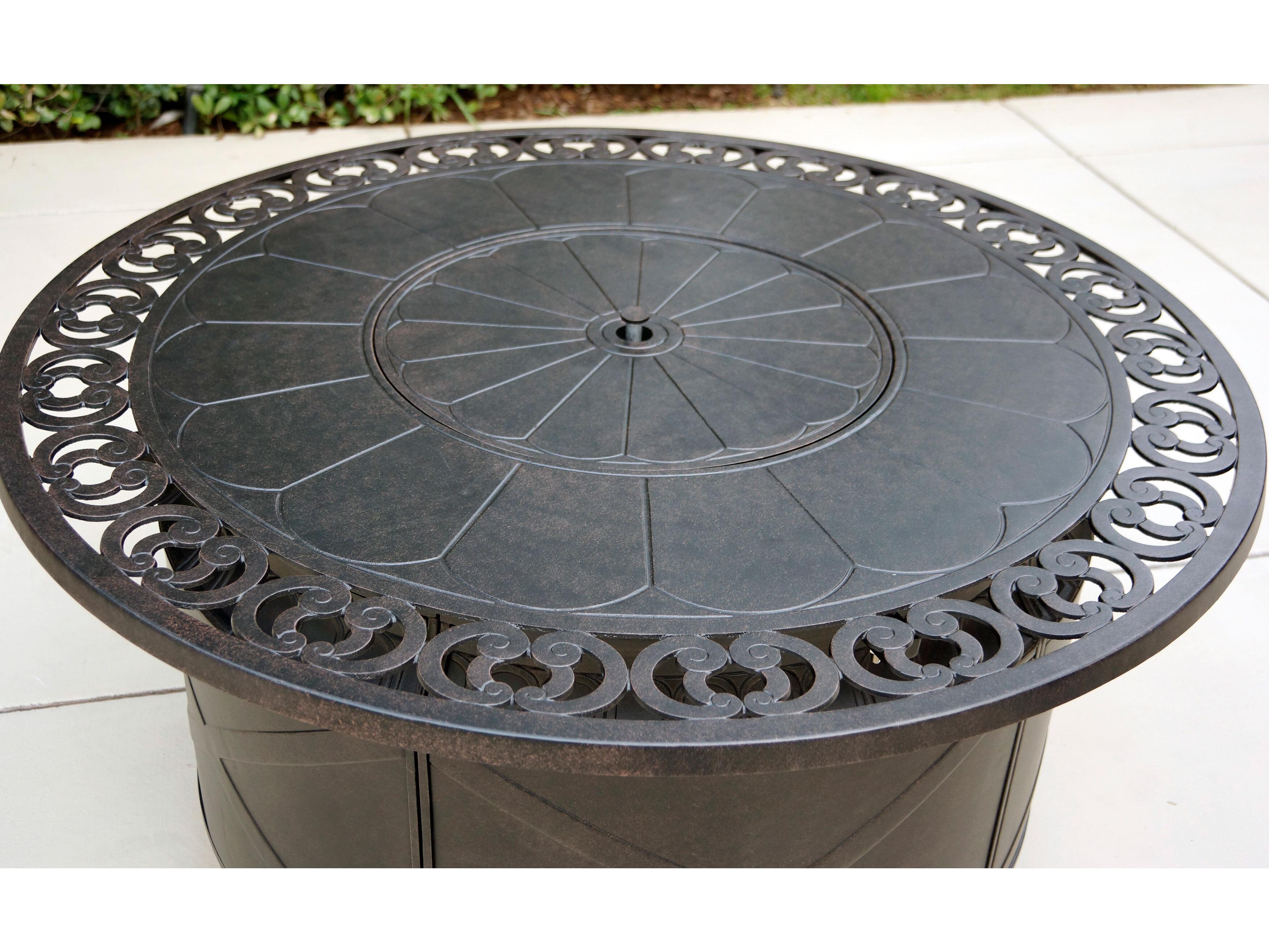 Darlee Outdoor Living Santa Monica Cast Aluminum Antique Bronze 4 Piece Propane Fire Pit Lounge Set in Sesame Cushions with 47'' Wide Round Fire Pit Chat Table
