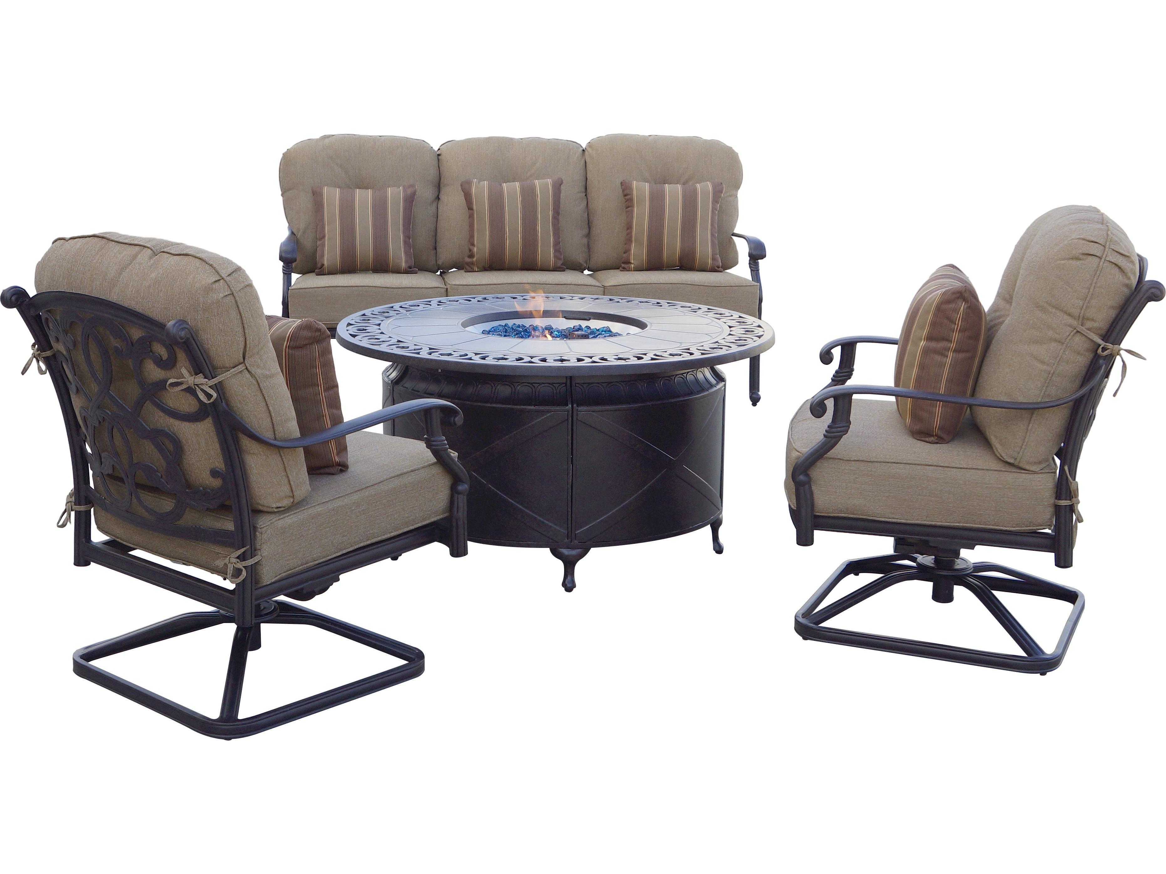 Darlee Outdoor Living Santa Monica Cast Aluminum Antique Bronze 4 Piece Propane Fire Pit Lounge Set in Sesame Cushions with 47'' Wide Round Fire Pit Chat Table