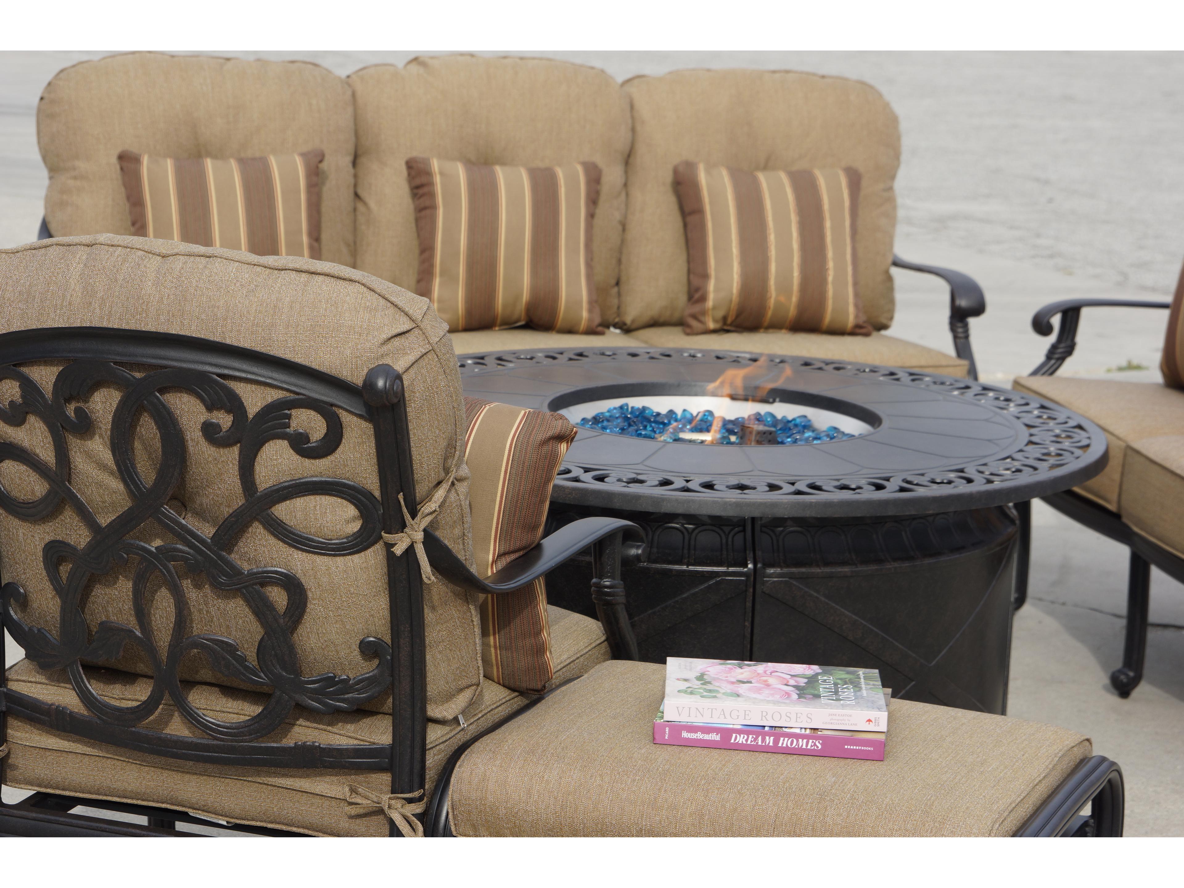 Darlee Outdoor Living Santa Monica Cast Aluminum Antique Bronze 5 Piece Propane Fire Pit Lounge Set in Sesame Cushions with 52'' Wide Round Fire Pit Chat Table