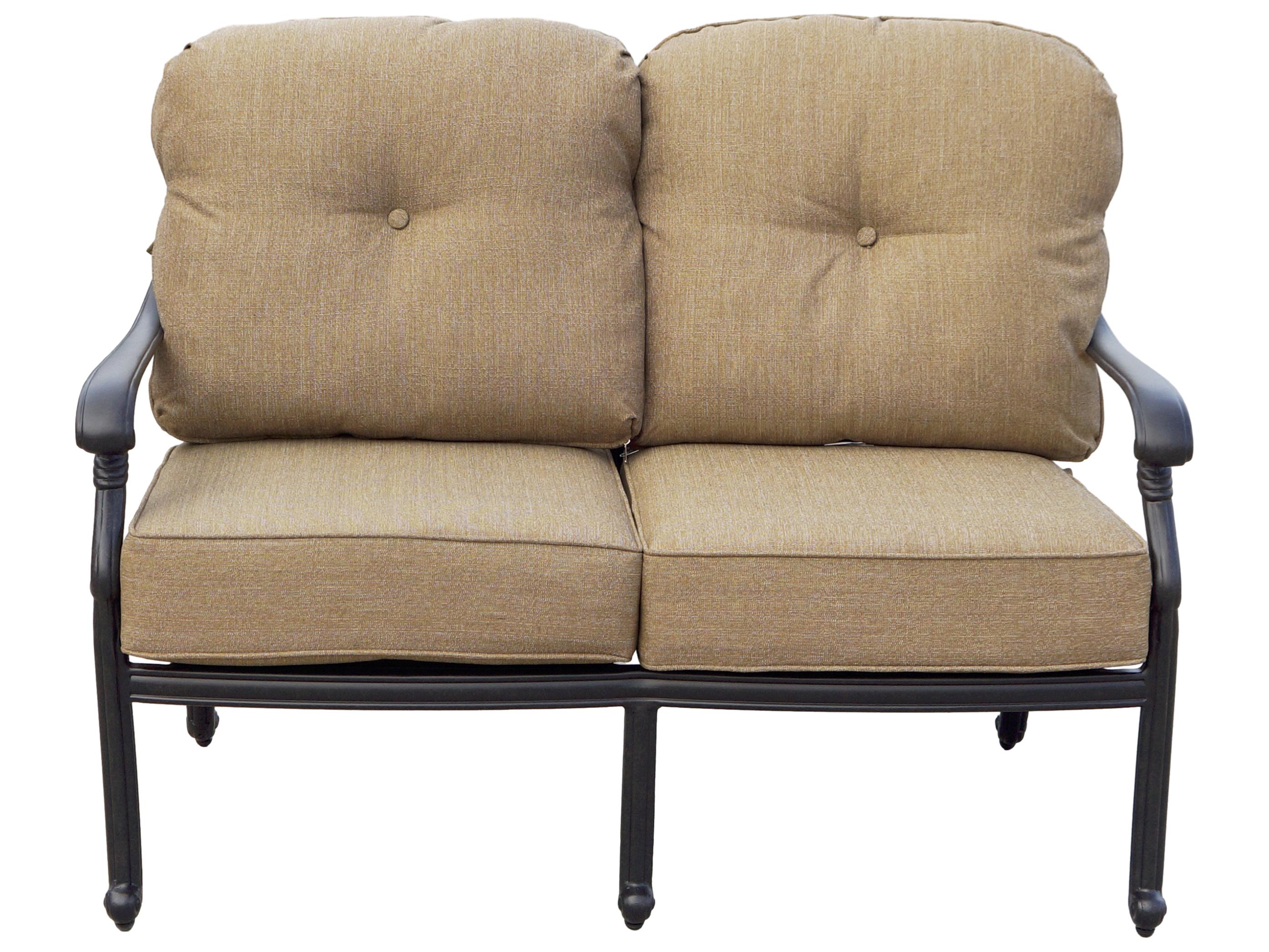 Darlee Outdoor Living Santa Monica Cast Aluminum Antique Bronze 5 Piece Propane Fire Pit Lounge Set in Sesame Cushions with 52'' Wide Round Fire Pit Chat Table