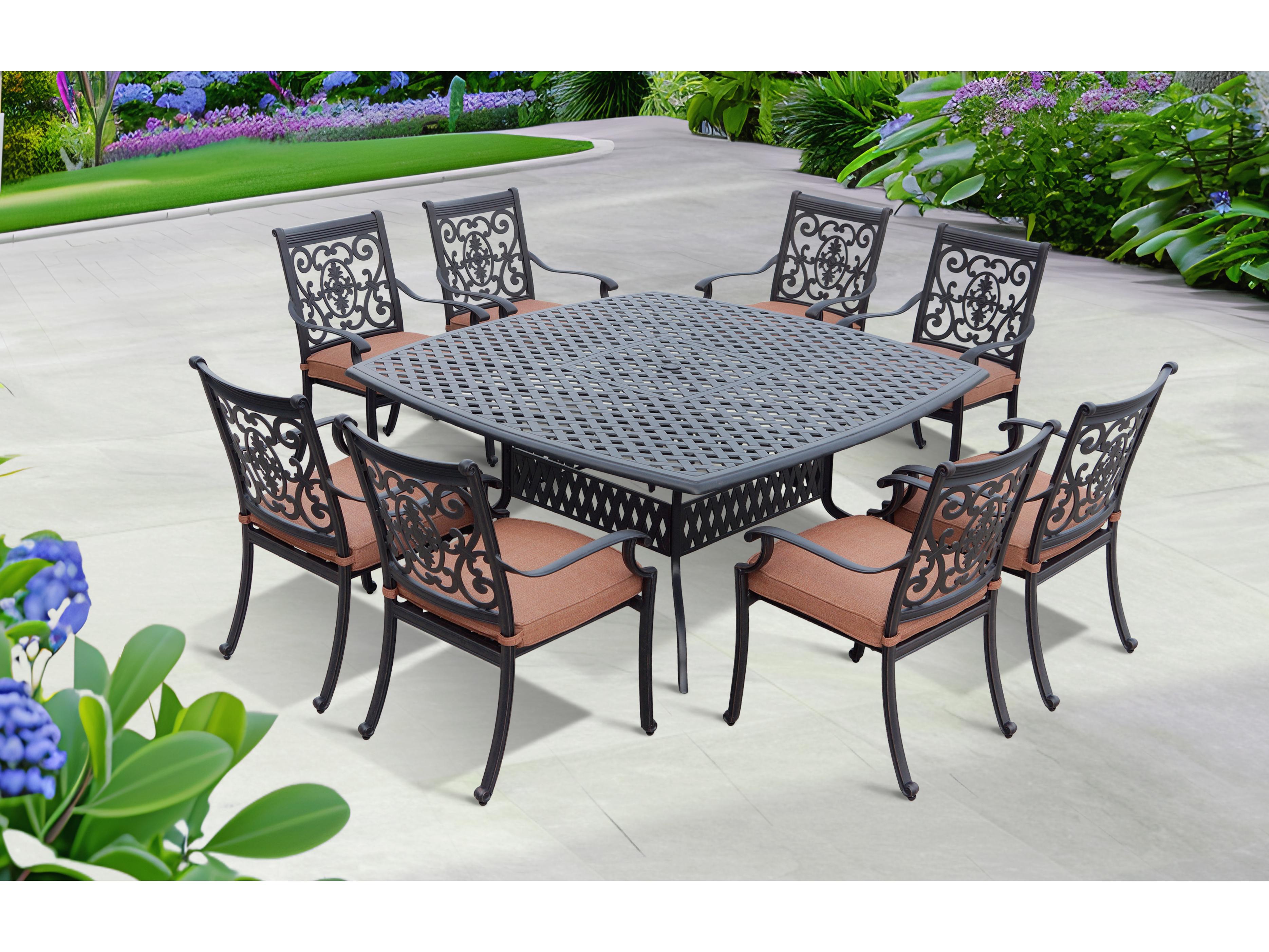 Darlee Outdoor Living St. Cruz Antique Bronze Cast Aluminum 9 Piece Dining Set in Spicy Chill with 64'' Wide Square Dining Table
