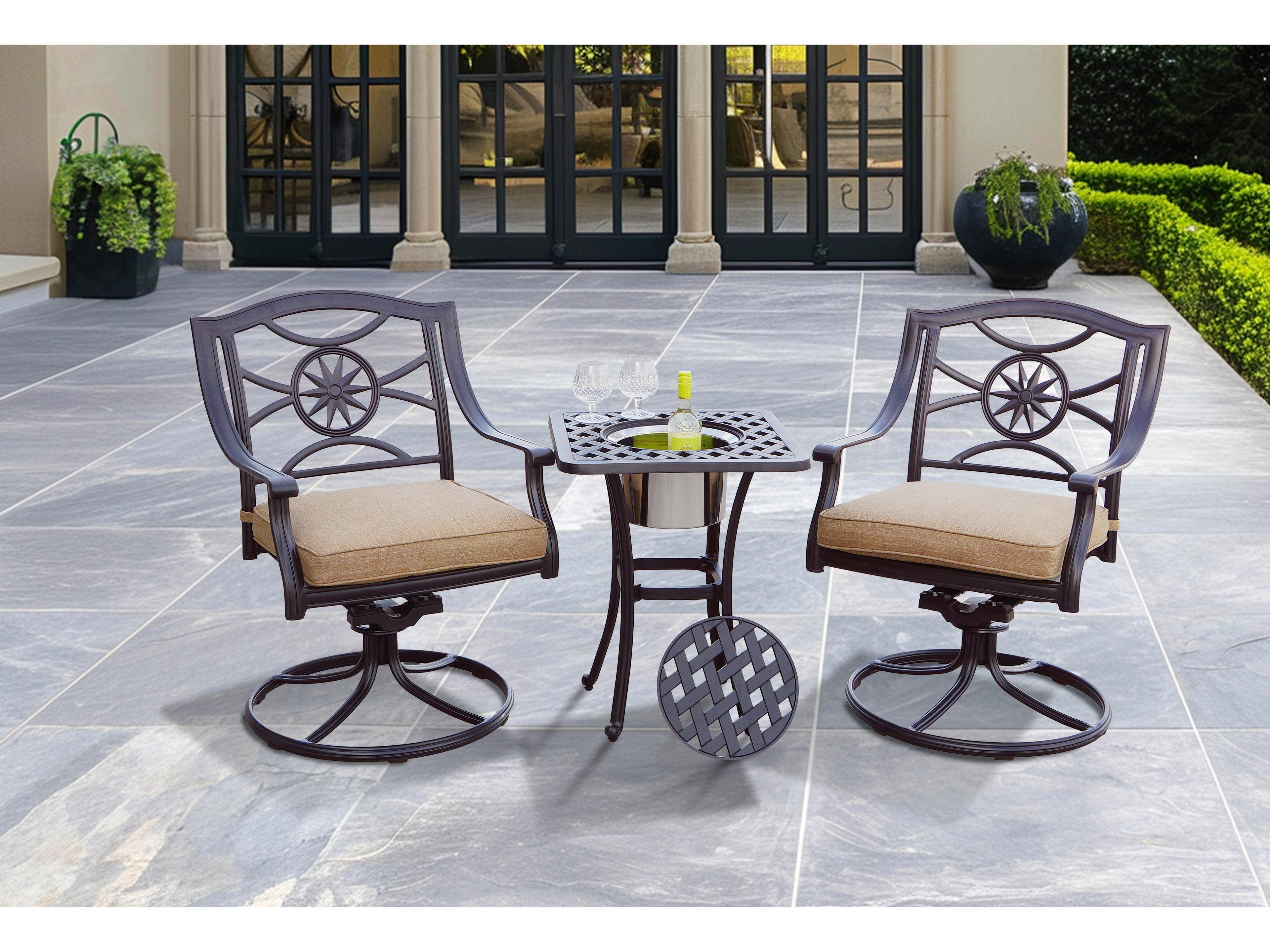 Darlee Outdoor Living Ten Star Antique Bronze Cast Aluminum 3 Piece Dining Set in Sesame Cushions with 1'' Wide Square Ice Bucker End Table