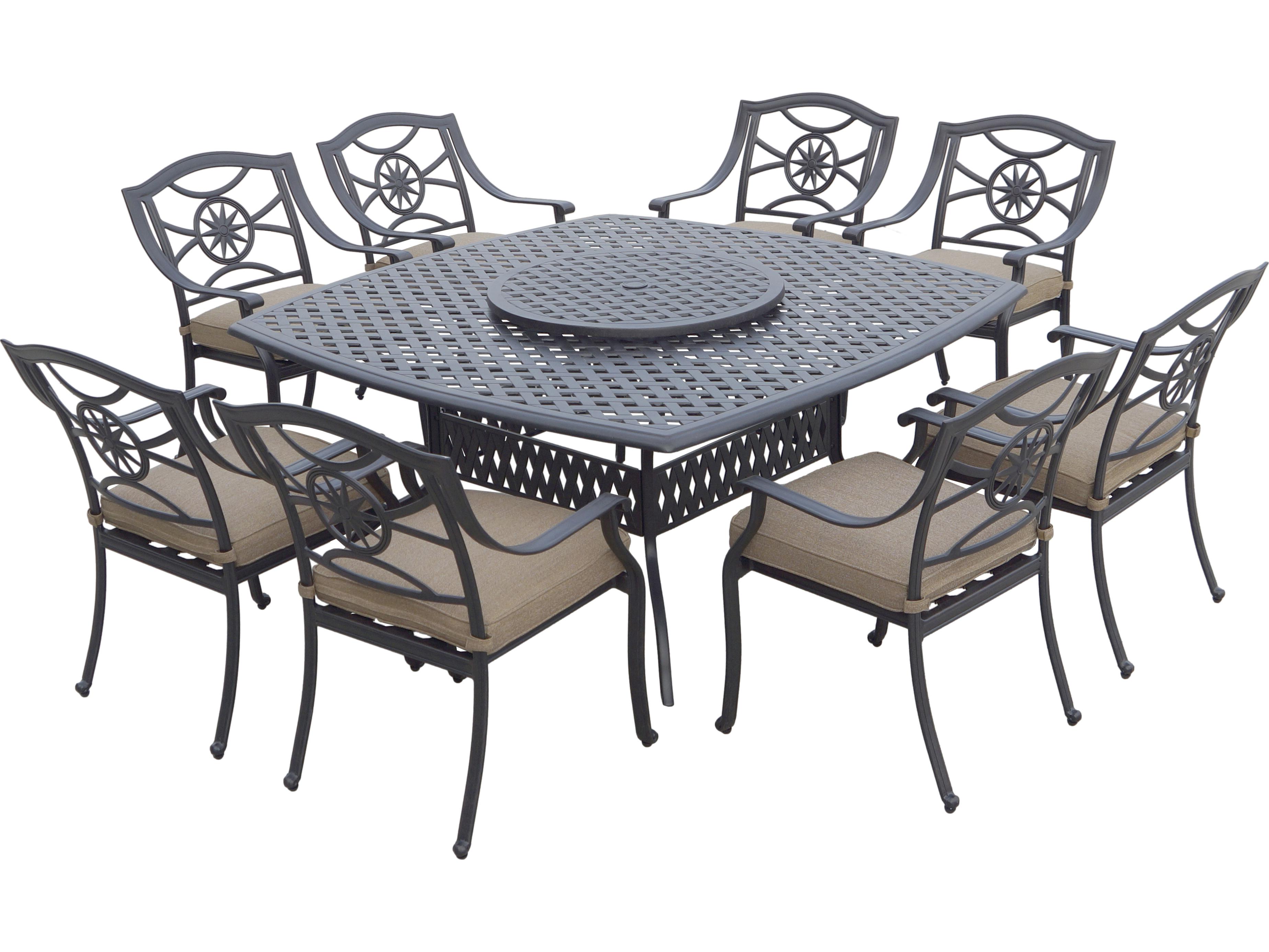 Darlee Outdoor Living Ten Star Antique Bronze Cast Aluminum 10 Piece Dining Set in Sesame Cushions with 64'' Wide Square Dining Table and Lazy Susan