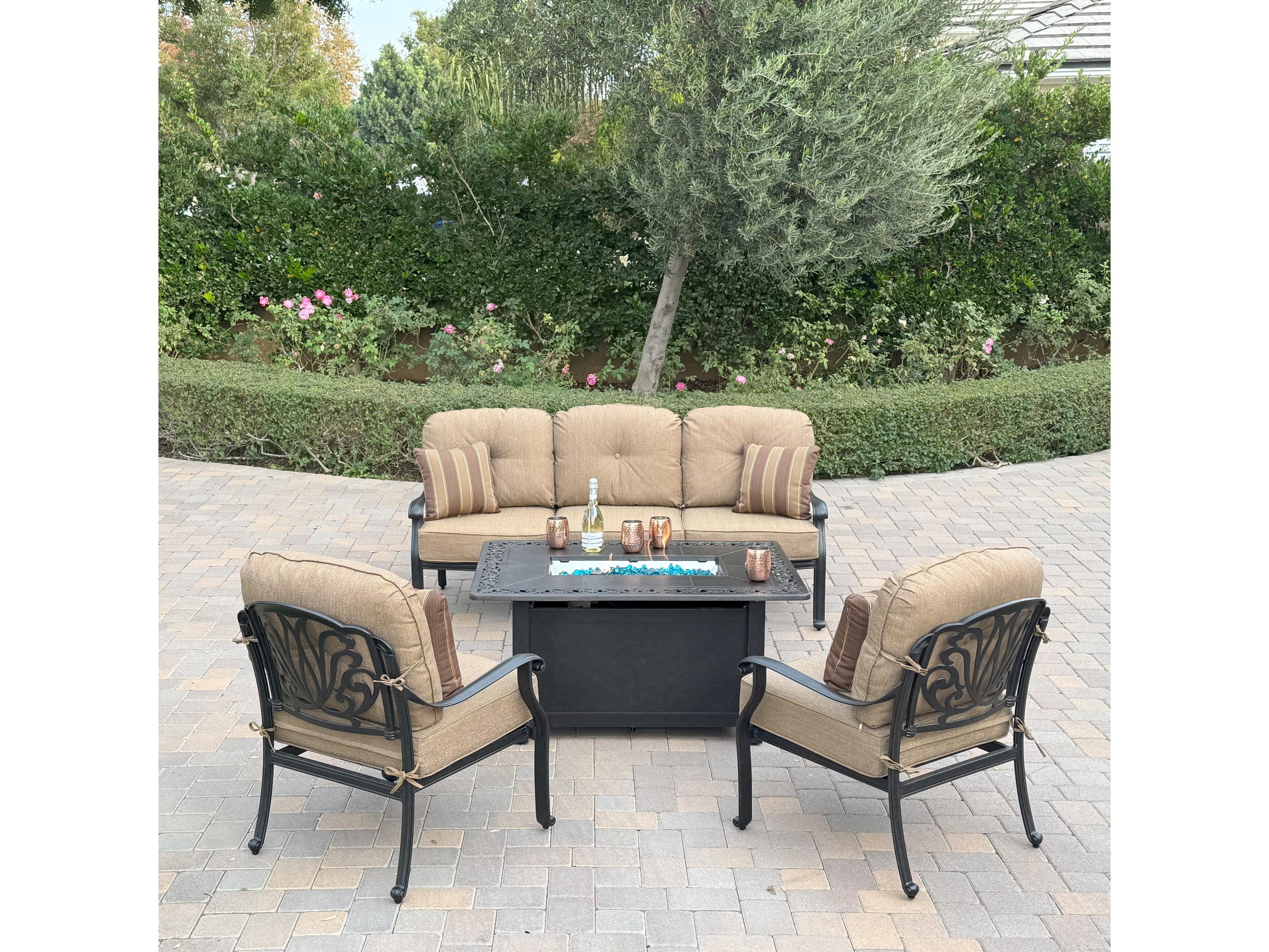 Darlee Outdoor Living Elisabeth Cast Aluminum 4-Piece Conversation Set with 49" x 35" Rectangular Fire Pit Chat Table